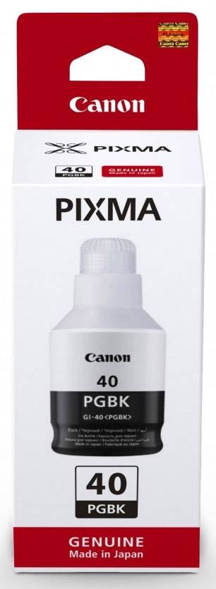 'Canon PIXMA' Tintenflasche, Modell 'GI-40 PGBK', schwarze Tinte, Originalprodukt, aufrecht in weißer Verpackung mit Markenlogo.