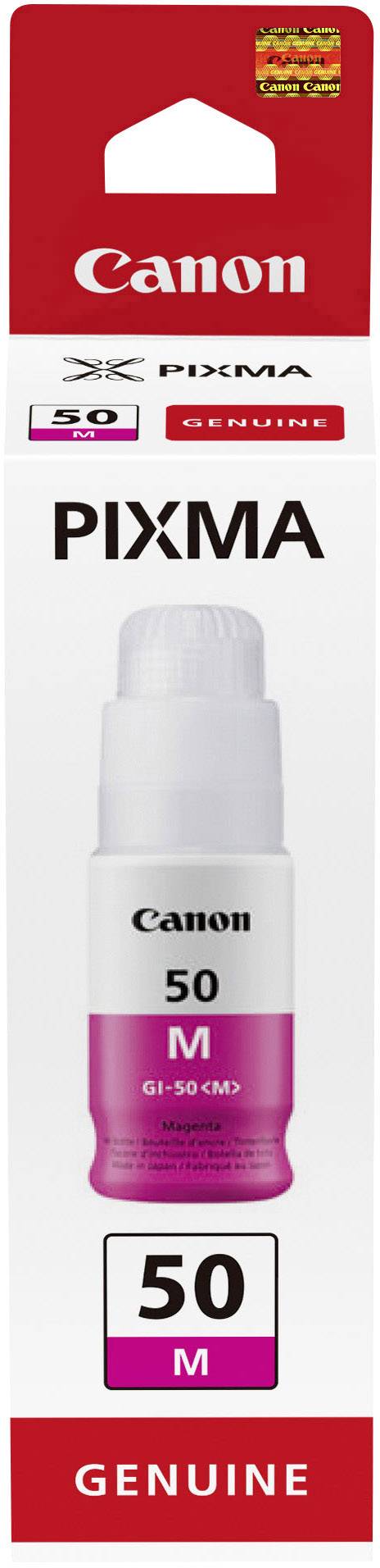 Die Abbildung zeigt eine Flasche mit Canon Pixma Tinte, magentafarben, Modell 'G-50 M'. Die Verpackung ist rot und weiß.