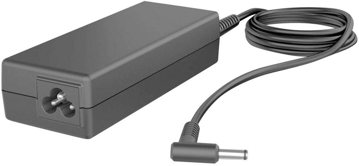 Schwarzes Laptop-Netzteil mit langem Kabel und Stecker zeigt auf rechts; rechteckige Form mit abgerundeten Kanten.