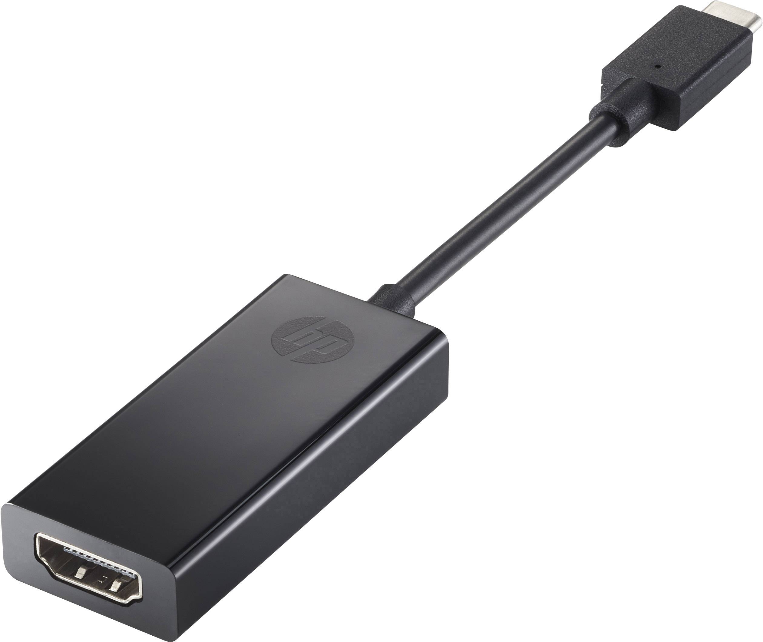 Schwarzer Adapter mit einem HDMI-Anschluss auf der einen Seite und einem USB-C-Stecker auf der anderen Seite.