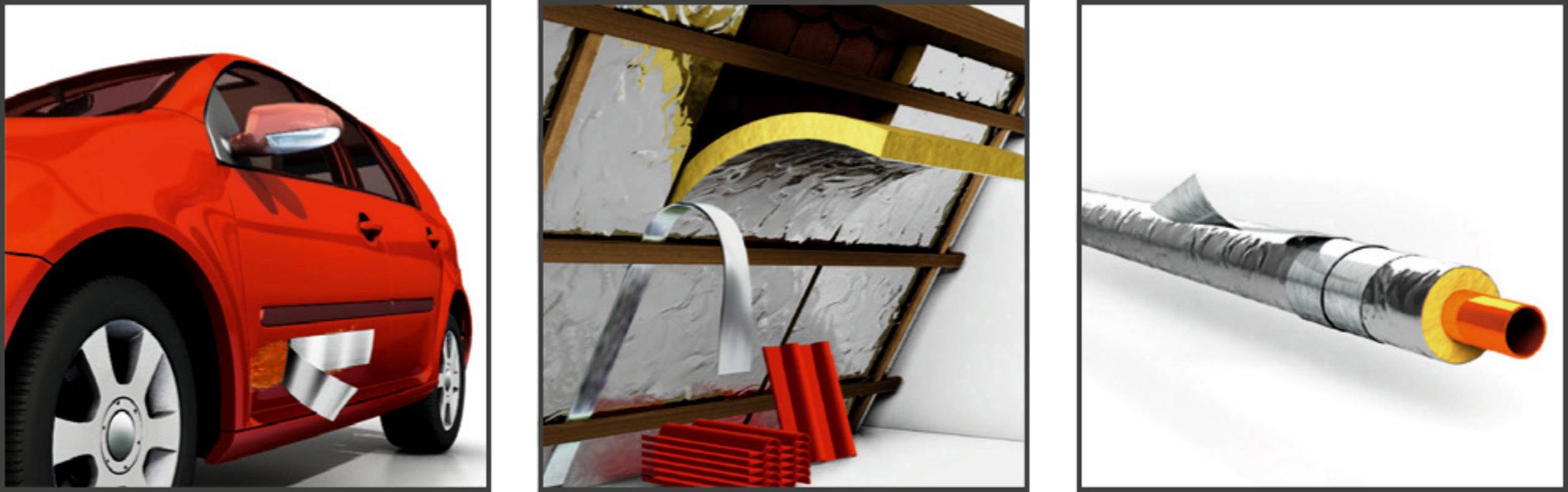 Dreigeteiltes Bild: Auto mit Isoliermaterial am Türrahmen, Dachbodenisolierung mit reflektierender Folie und isoliertes Rohr mit Gelb/Orangeelementen.