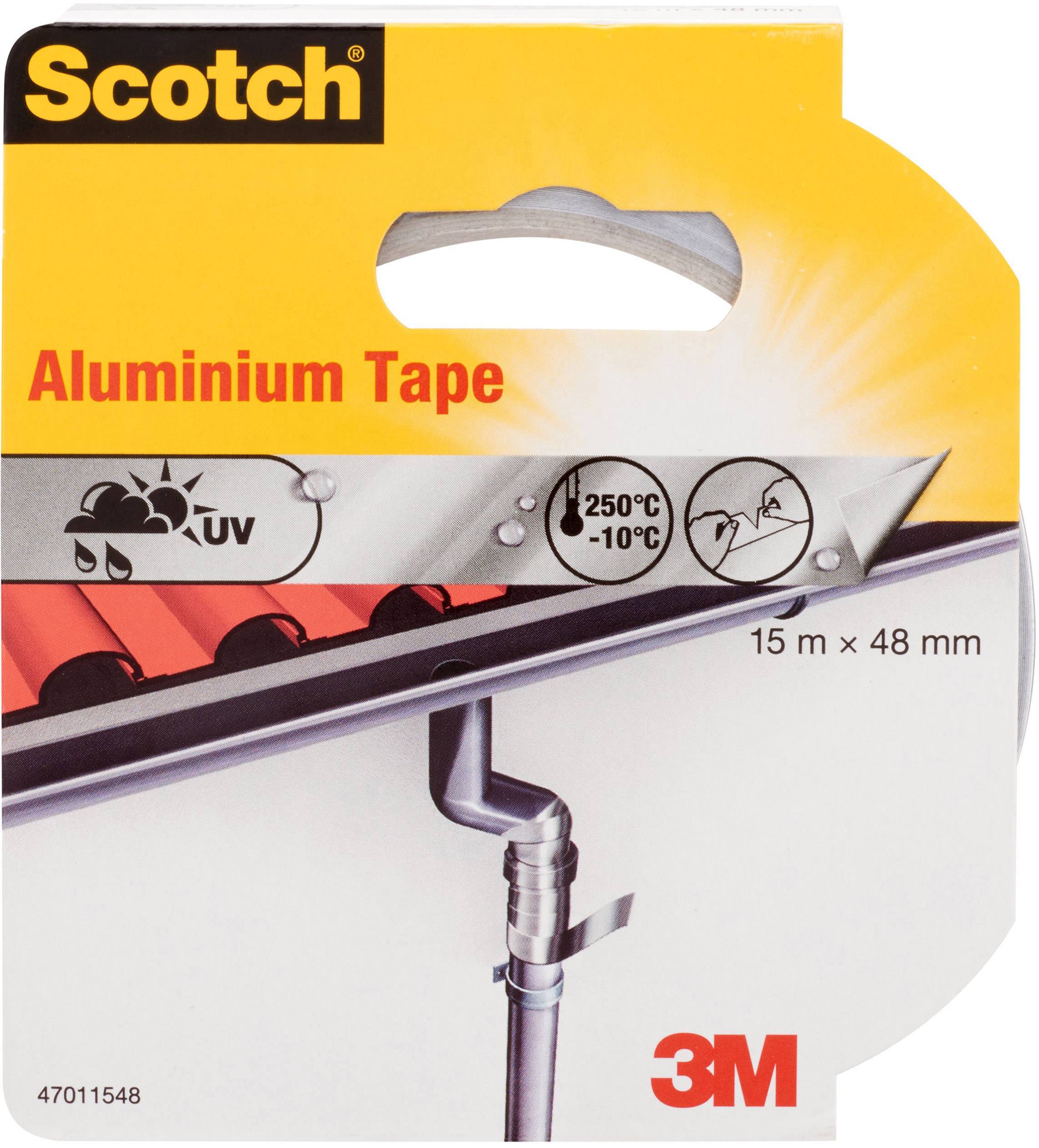 Verpackung von 'Scotch Aluminium Tape' mit UV-Schutz und Temperaturangaben (-10°C bis 250°C), geeignet für Außenanwendungen.