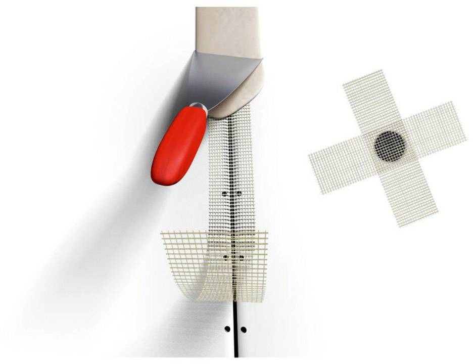 Ein Werkzeug mit rotem Griff, das Maschendraht in eine Rinne formt. Rechts oben liegt ein rechteckiges Gitter.