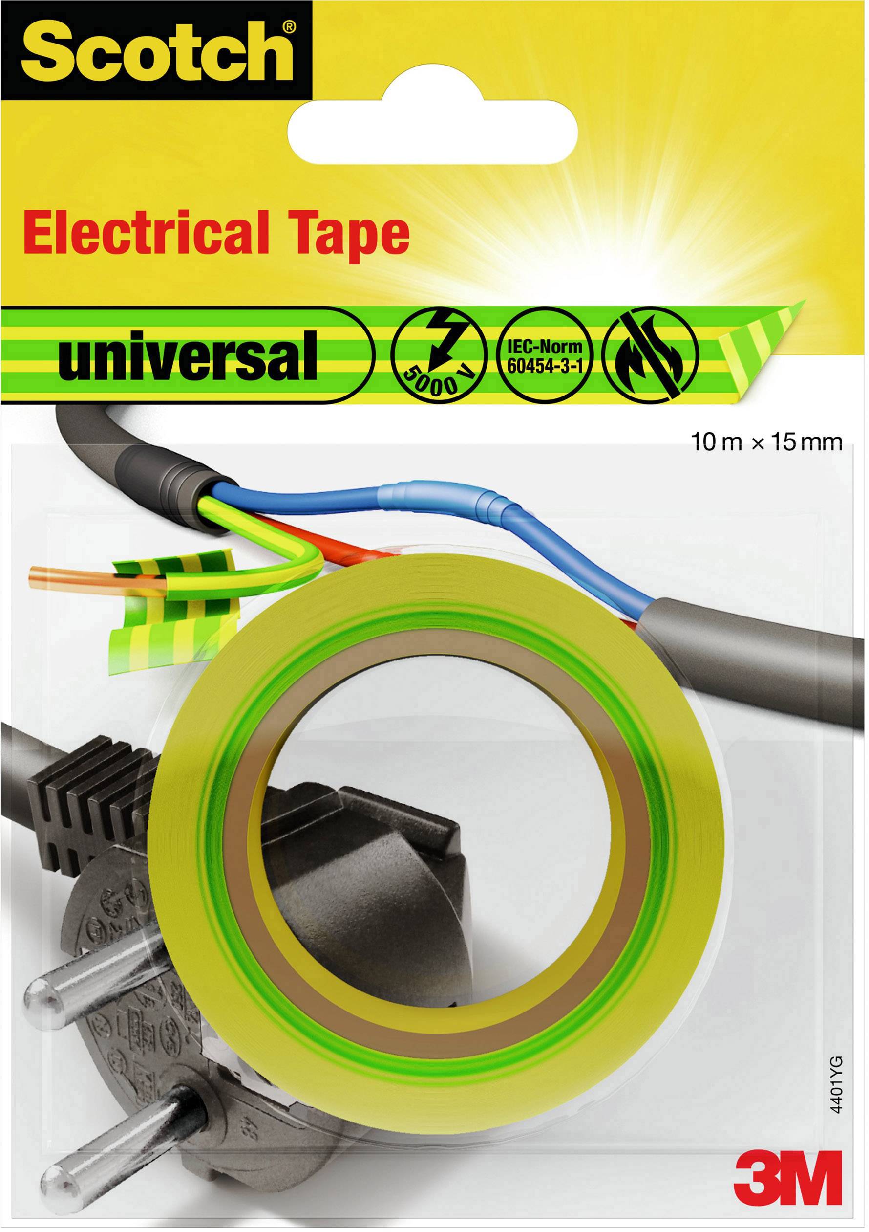 Eine Rolle gelbes Isolierband der Marke Scotch auf einer Verpackung. Geeignet für elektrische Kabel, 10 m Länge, 15 mm Breite.