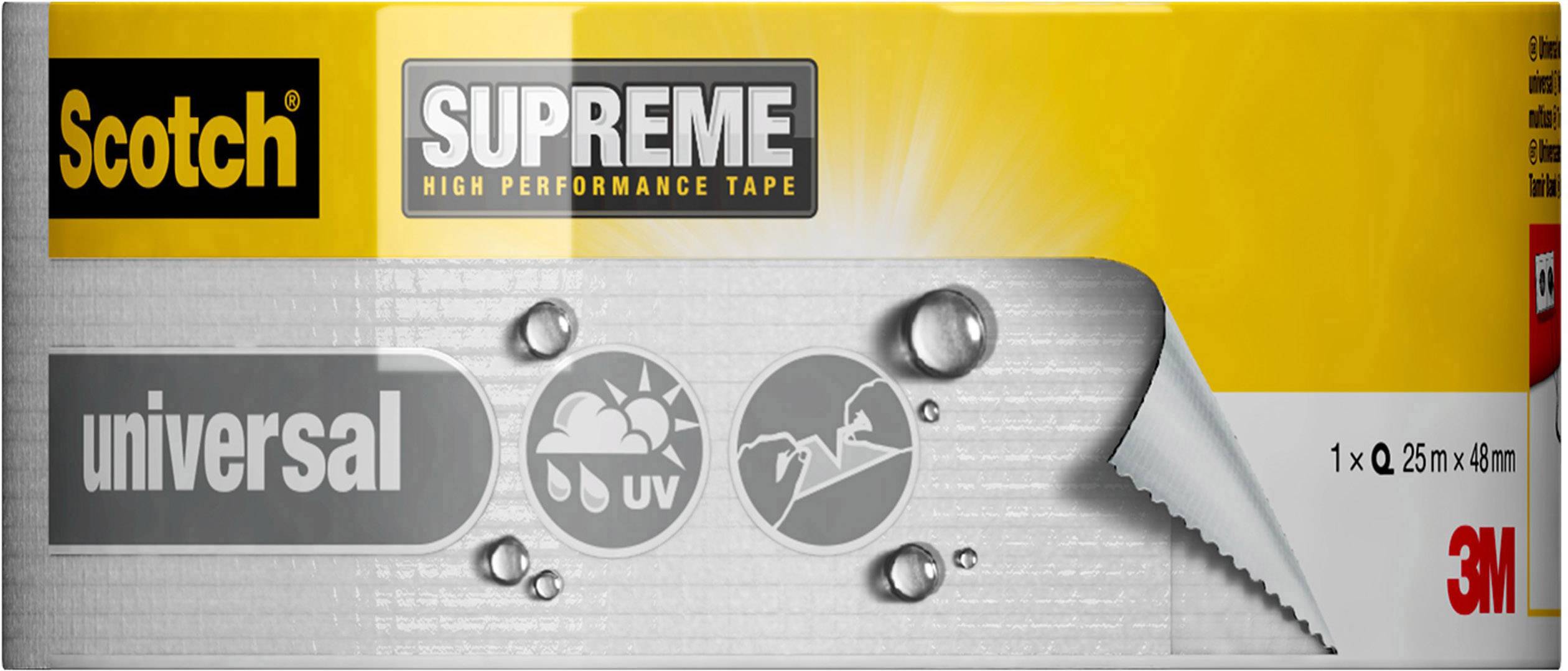 Verpackung von Scotch Supreme Klebeband mit Symbolen für Wetterbeständigkeit, UV-Schutz und Reißfestigkeit. Maß: 25m x 48mm.