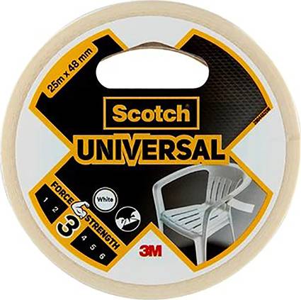 Klebebandrolle der Marke Scotch, Universaltyp, 25 m x 48 mm. Für allgemeine Verwendung, abgebildet neben Plastikstuhl. Stärke 3 von 6.