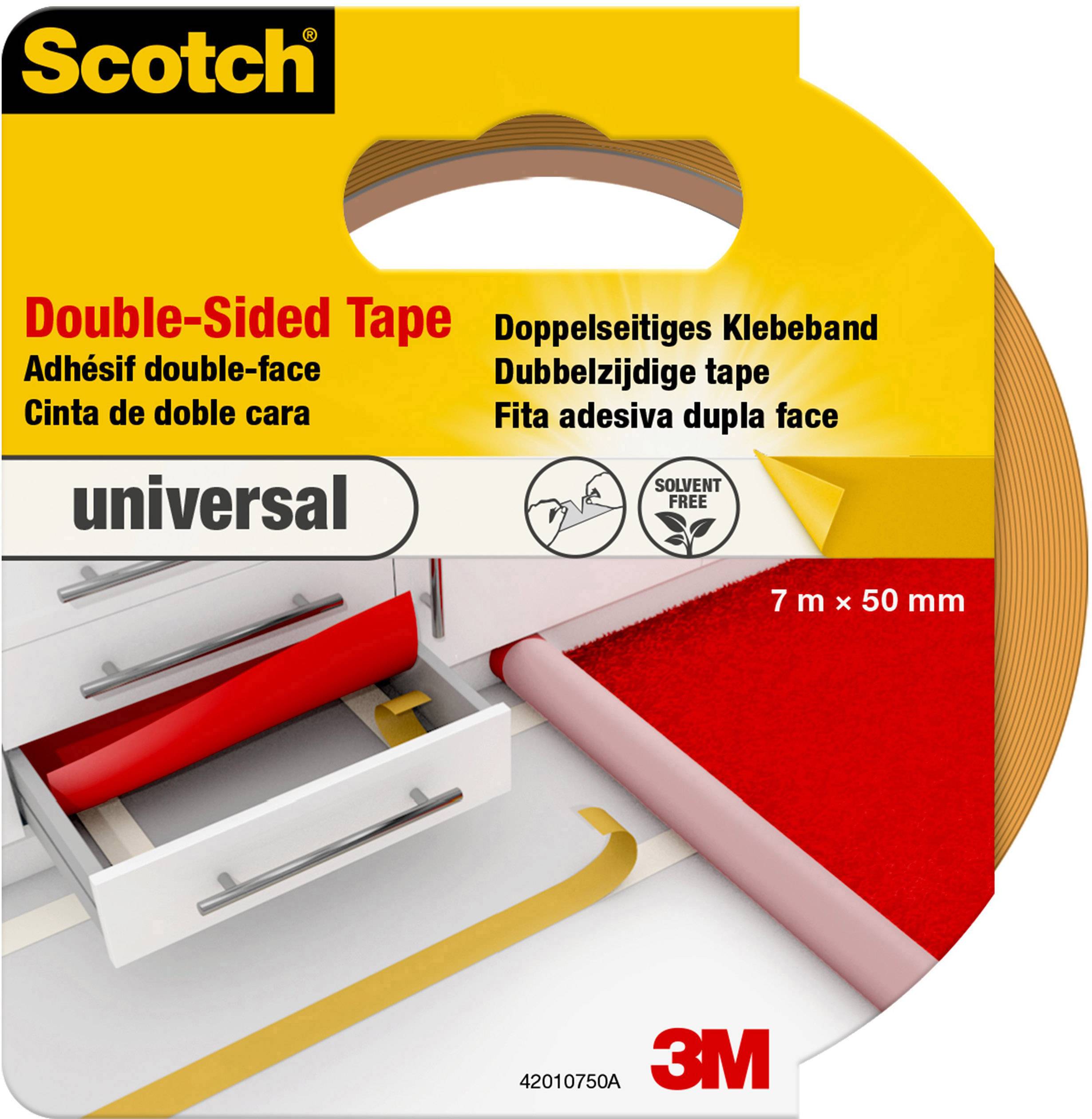 Doppelseitiges Klebeband von Scotch Universal, 7 m x 50 mm, in einer Verpackung. Text in mehreren Sprachen vorhanden.