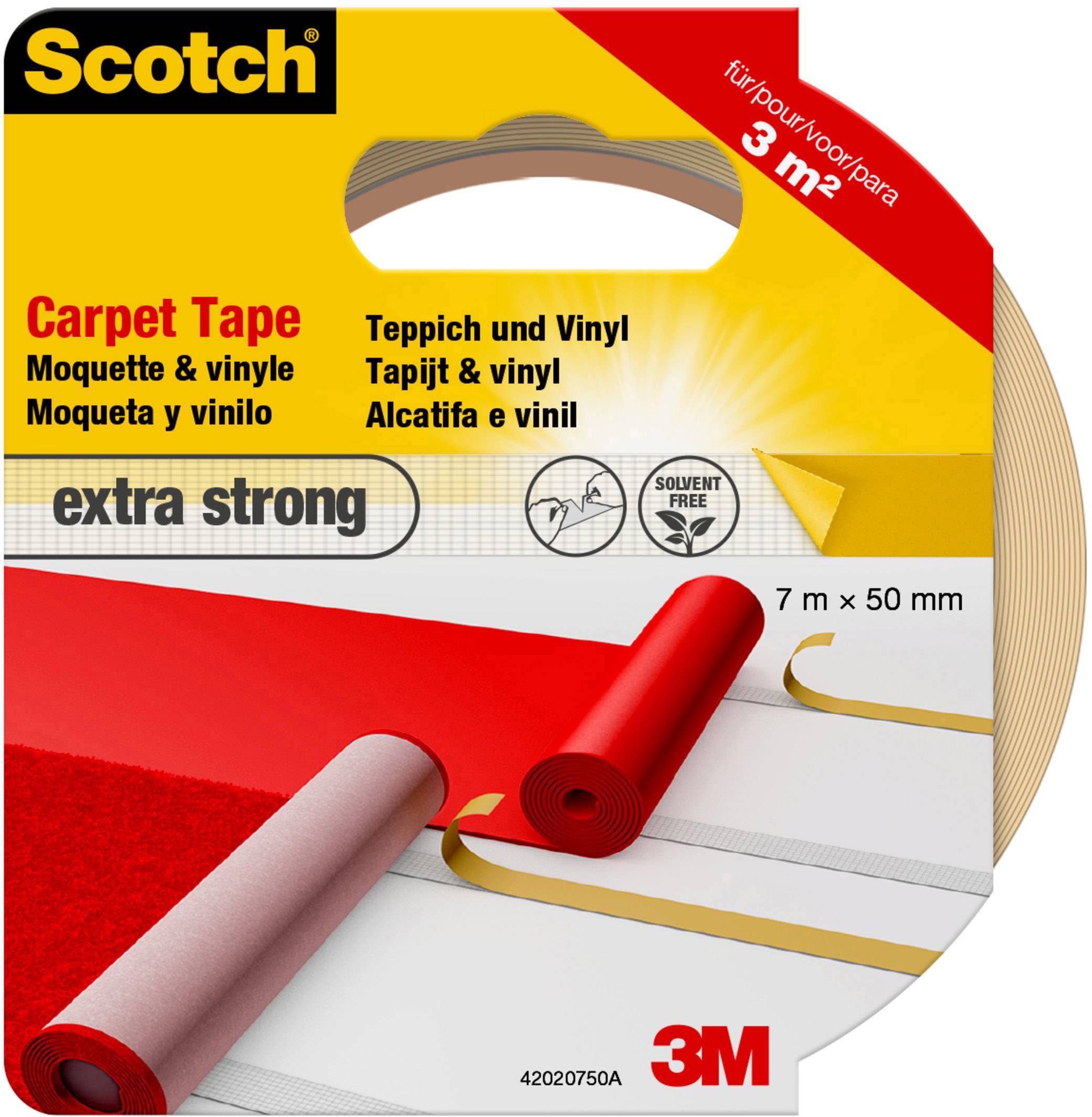 'Scotch' Teppich- und Vinylklebeband, extra stark, 7 m x 50 mm, abgebildet auf der Verpackung mit Verwendungsvorschlägen.