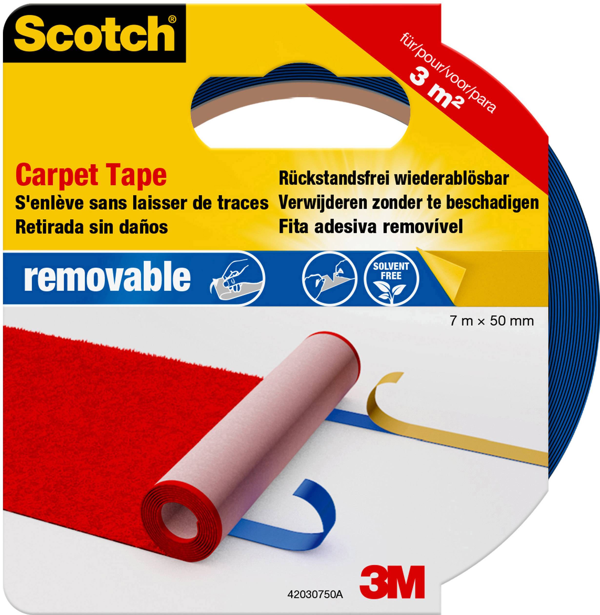 Verpackung von Scotch Teppichklebeband, ablösbar, 7 m x 50 mm. Geeignet zum Entfernen ohne Rückstände. enthält Lösungsmittel.