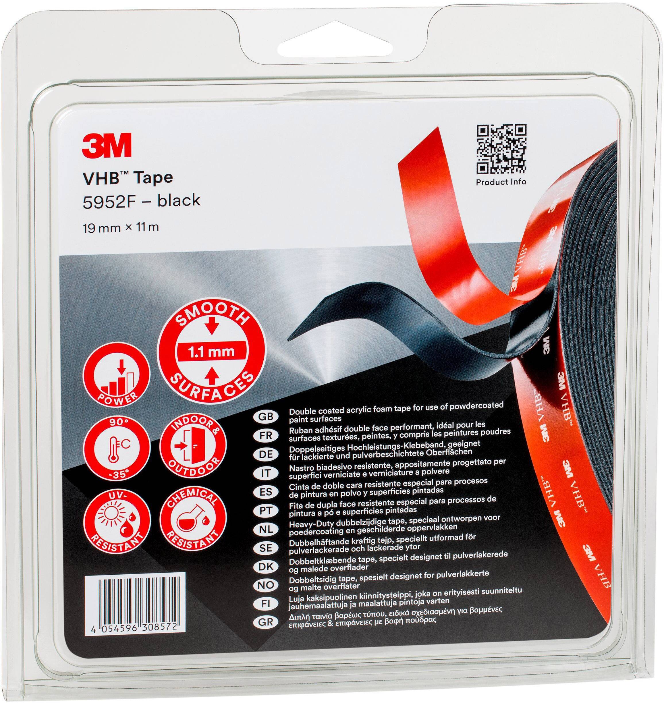 Verpackung eines schwarzen 3M VHB Klebebandes, Modell 5952F, 19 mm x 11 m. Eignung für glatte Oberflächen, doppelseitig.
