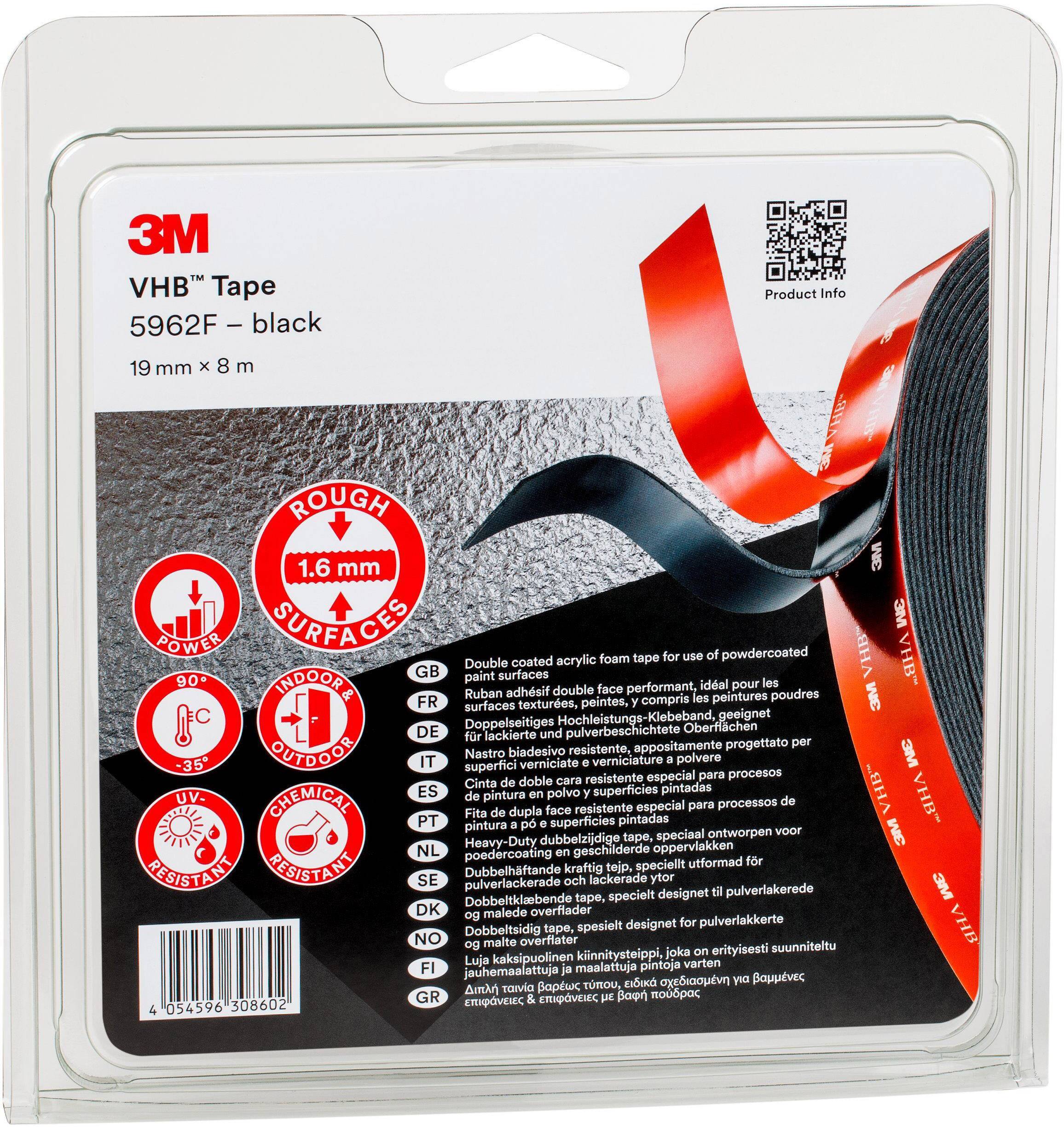 Verpackung des 3M VHB Tapes 5962F, schwarz, 19 mm x 8 m. Hervorgehobene Merkmale: geeignet für raue Oberflächen, doppelseitiges Acrylschaumband.