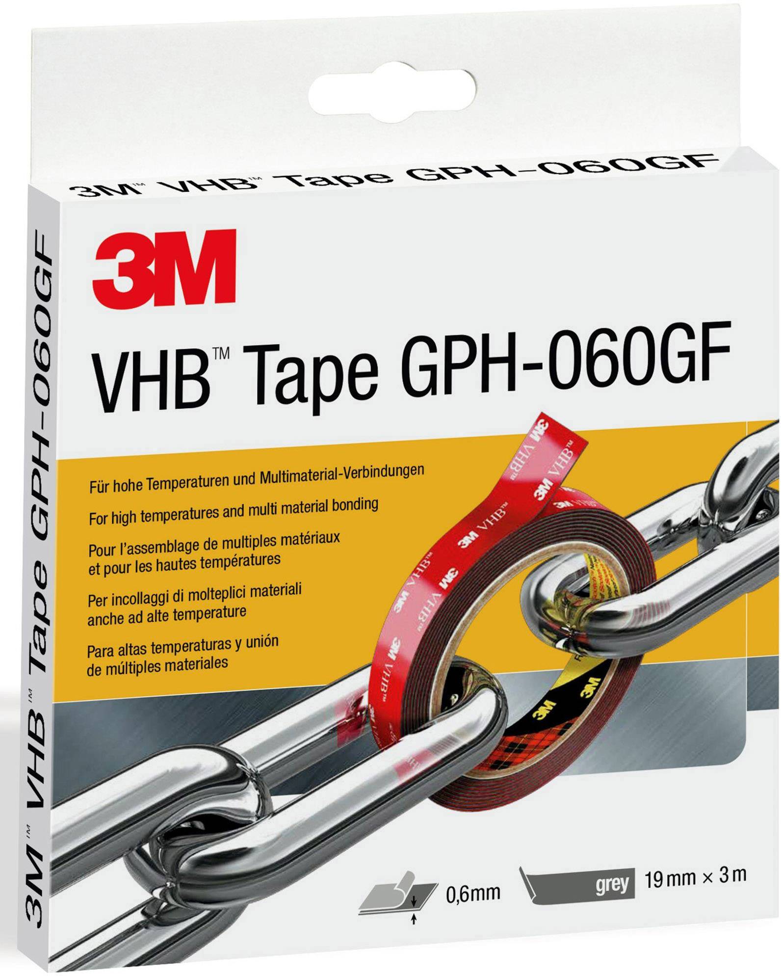 Produktbild einer 3M VHB Tape GPH-060GF Verpackung mit abgebildeten Ketten, die mit rotem Klebeband verbunden sind. Text betont hohe Temperaturbeständigkeit.
