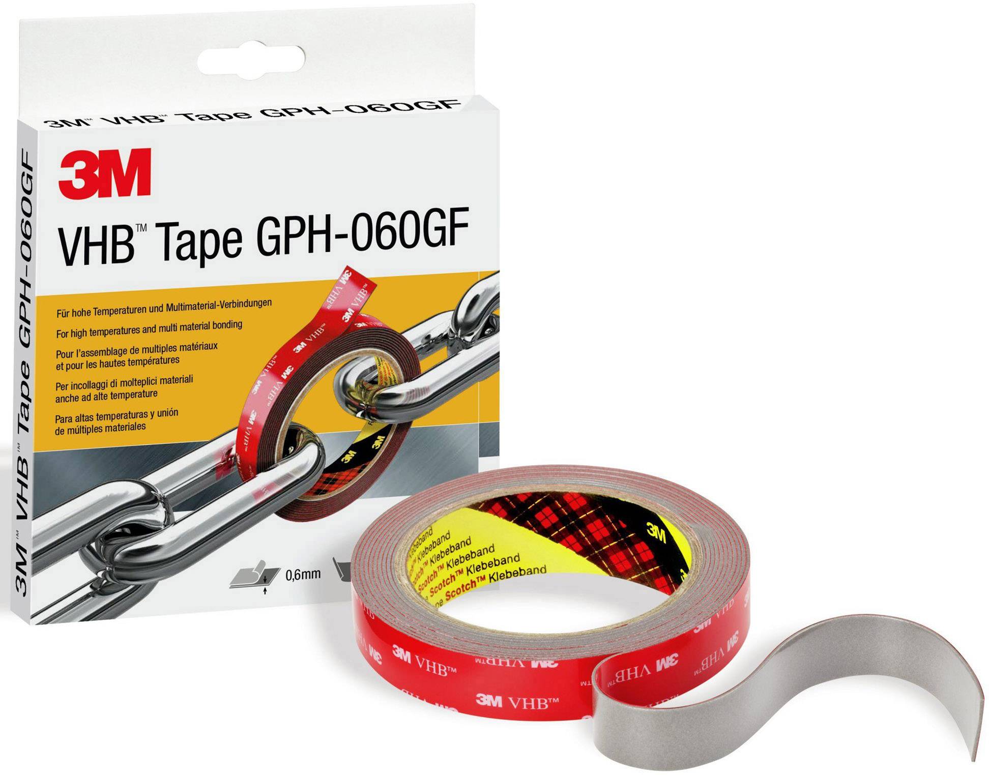 Klebeband der Marke 3M VHB Tape GPH-060GF, geeignet für hohe Temperaturen und vielseitige Anwendungen, auf Produktverpackung abgebildet.