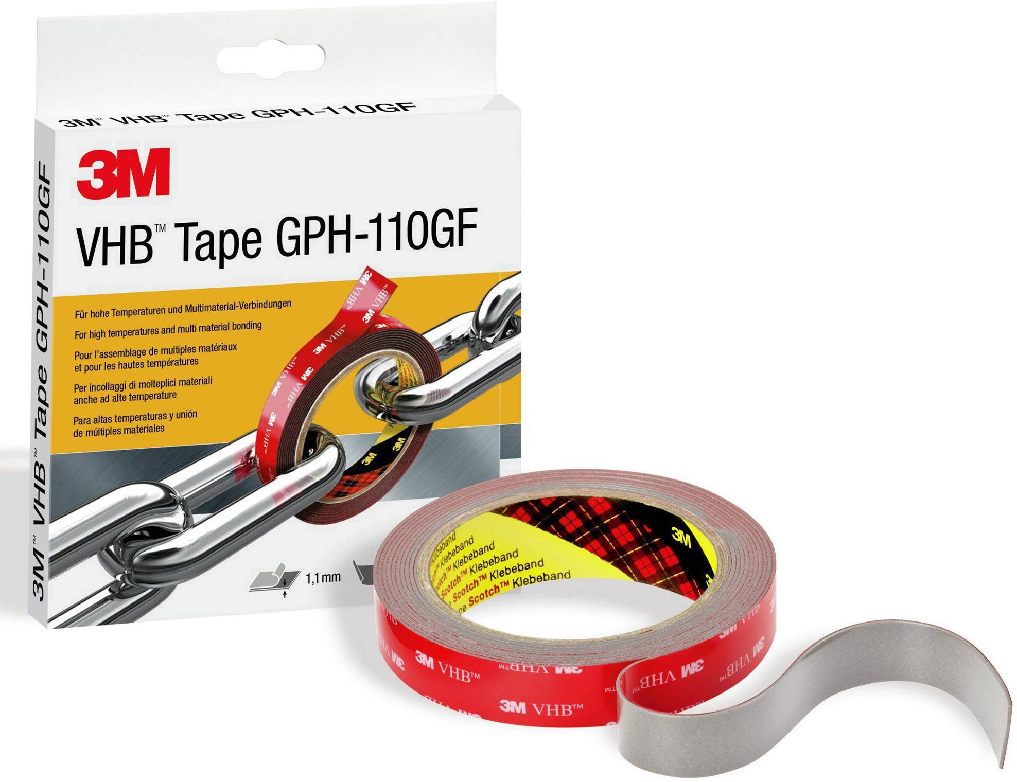'3M VHB Tape GPH-110GF' Klebeband im Vordergrund, Verpackung im Hintergrund. Geeignet für hohe Temperaturen und vielseitige Anwendungen.