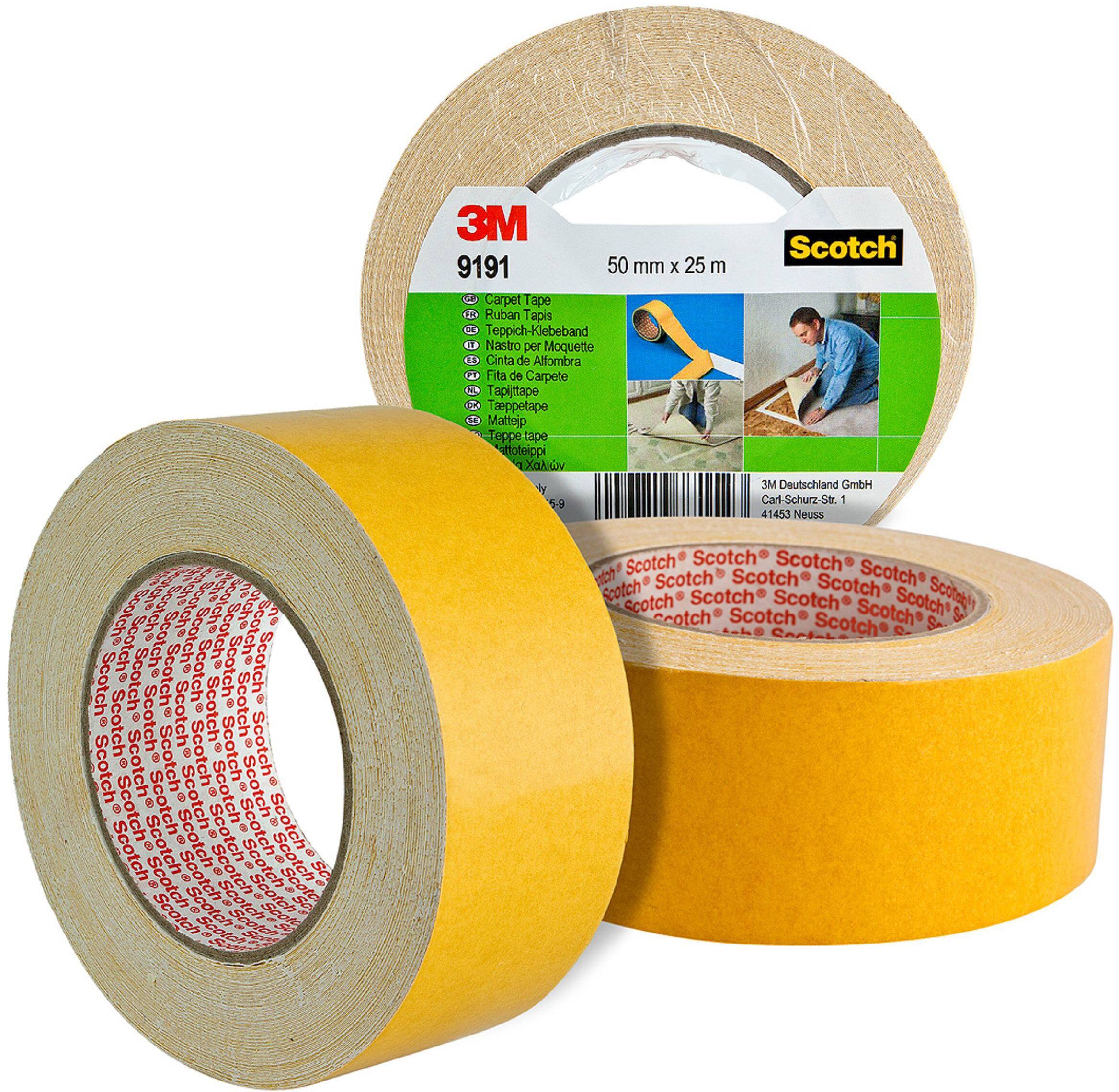 Drei Rollen Scotch-Klebeband mit 50 mm Breite und 25 m Länge. Eine Rolle zeigt ein Etikett mit einem Handwerker-Bild und Anwendungsdetails.