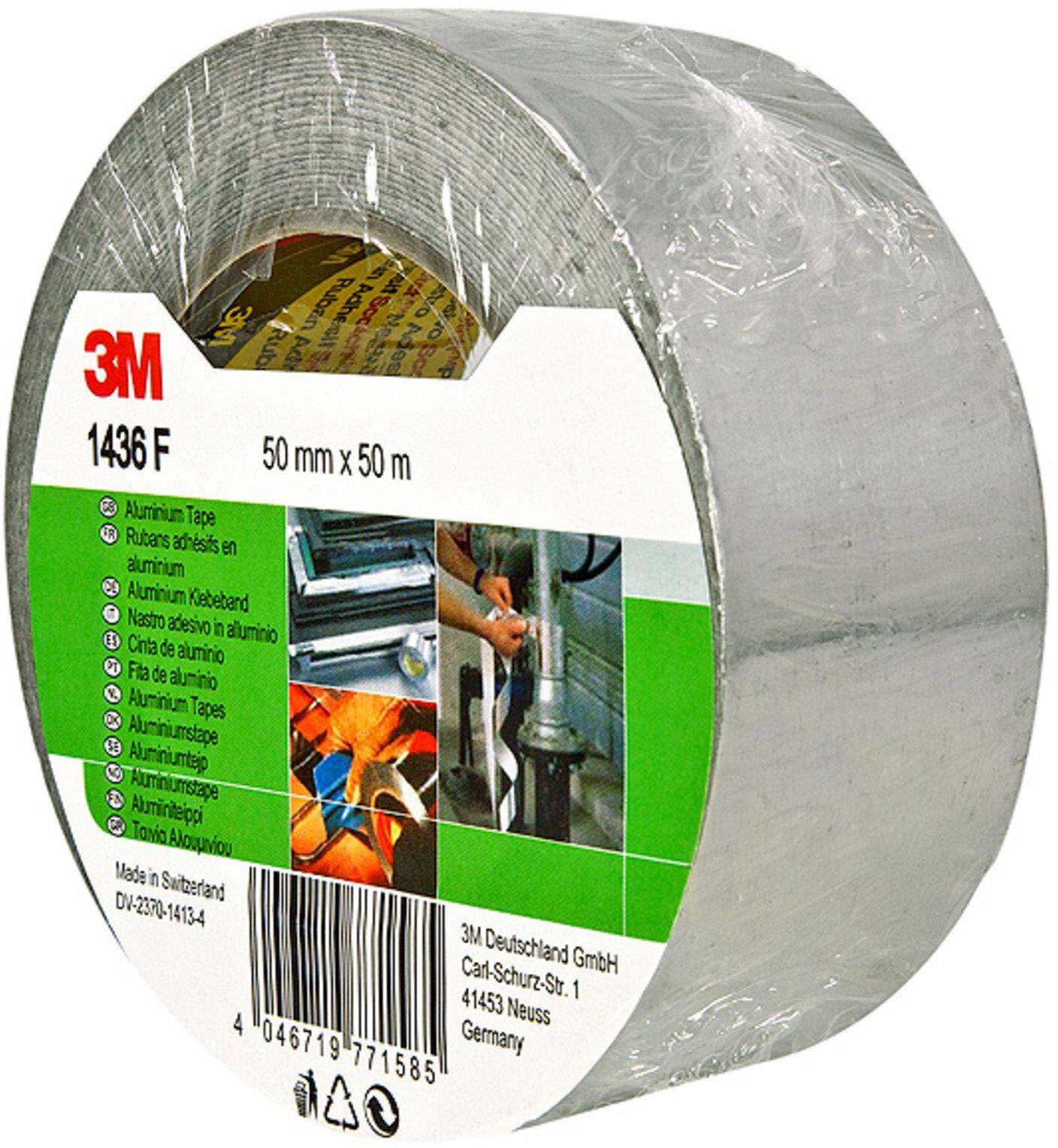 Aluminiumklebeband von 3M, Modell 1436 F, 50 mm x 50 m. Auf der Verpackung sind Bilder von Anwendungen und der Barcode.