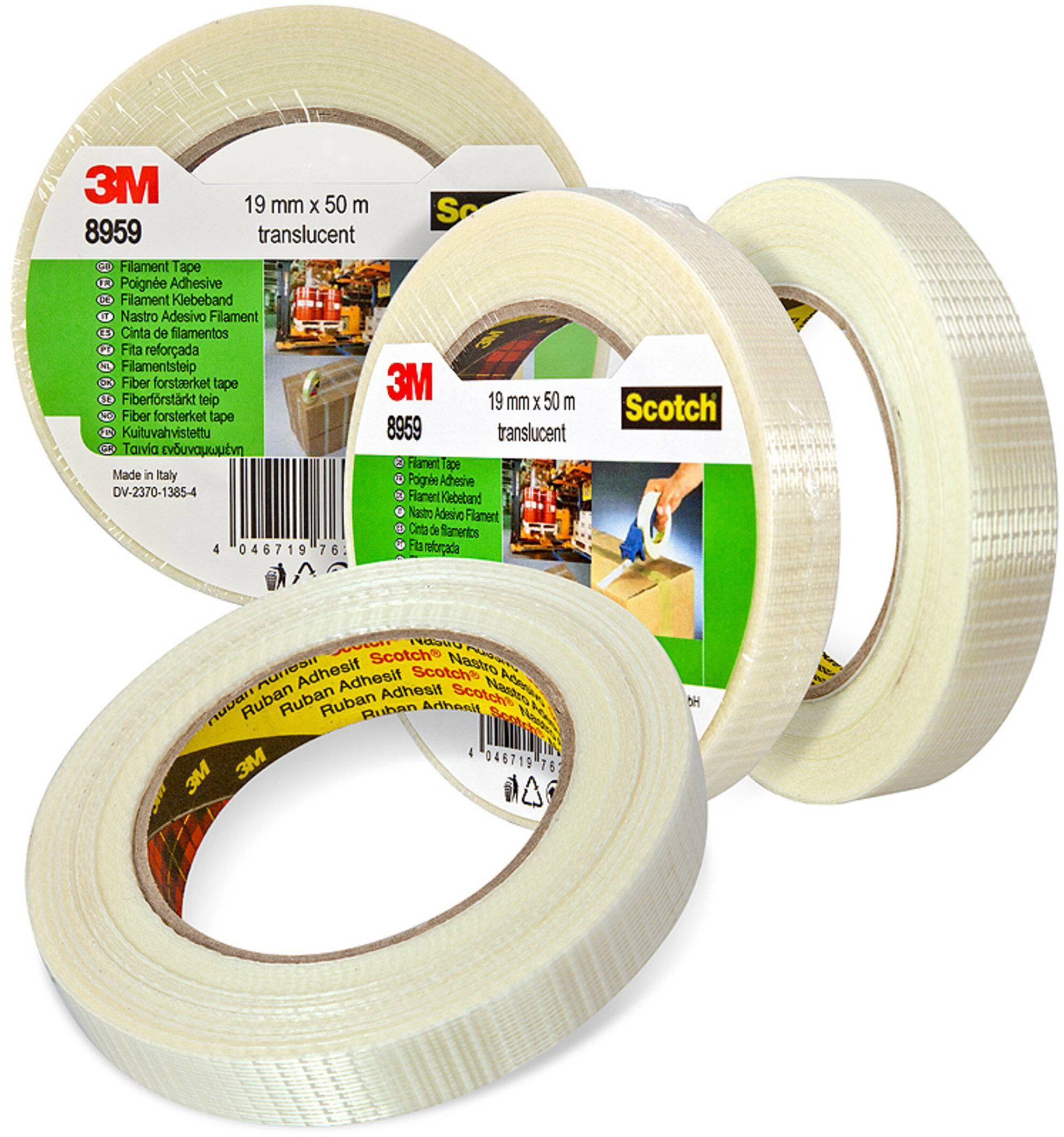 Vier Rollen 3M Scotch Klebeband in unterschiedlichen Breiten, geeignet für Verpackungen und Versiegelungen, transparent und strapazierfähig.