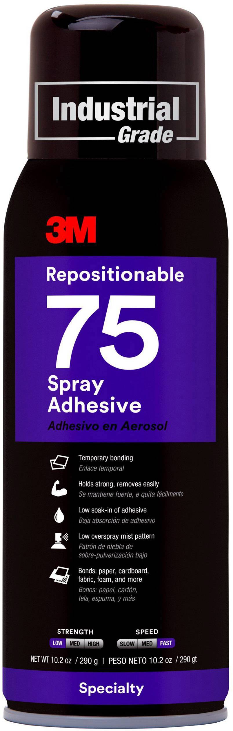 'Dose mit der Aufschrift '3M Repositionable 75 Spray Adhesive’; temporäres Klebespray, geeignet für leichte Materialien.'