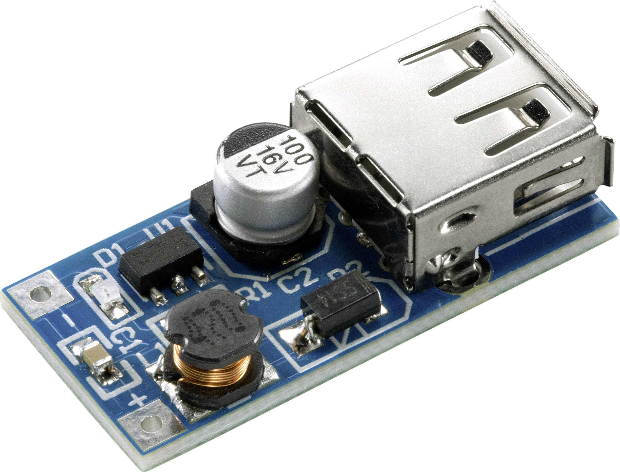 Kleine elektronische Platine mit USB-Anschluss und mehreren Komponenten, darunter ein Kondensator und Spulen. Geeignet für Ladevorgänge.