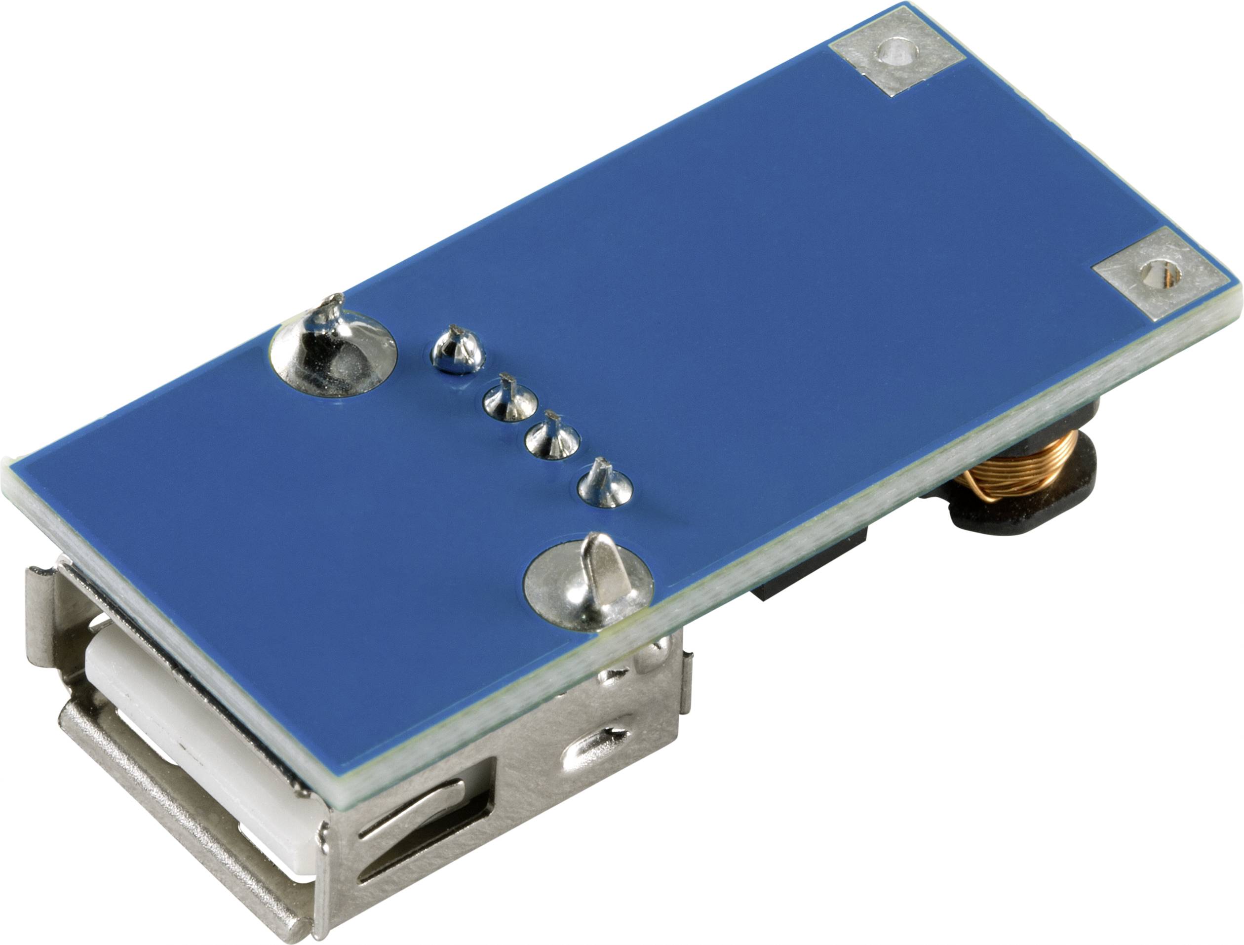 Ein blaues elektronisches Modul mit einem USB-Anschluss und mehreren Metallkontakten auf der Oberseite.
