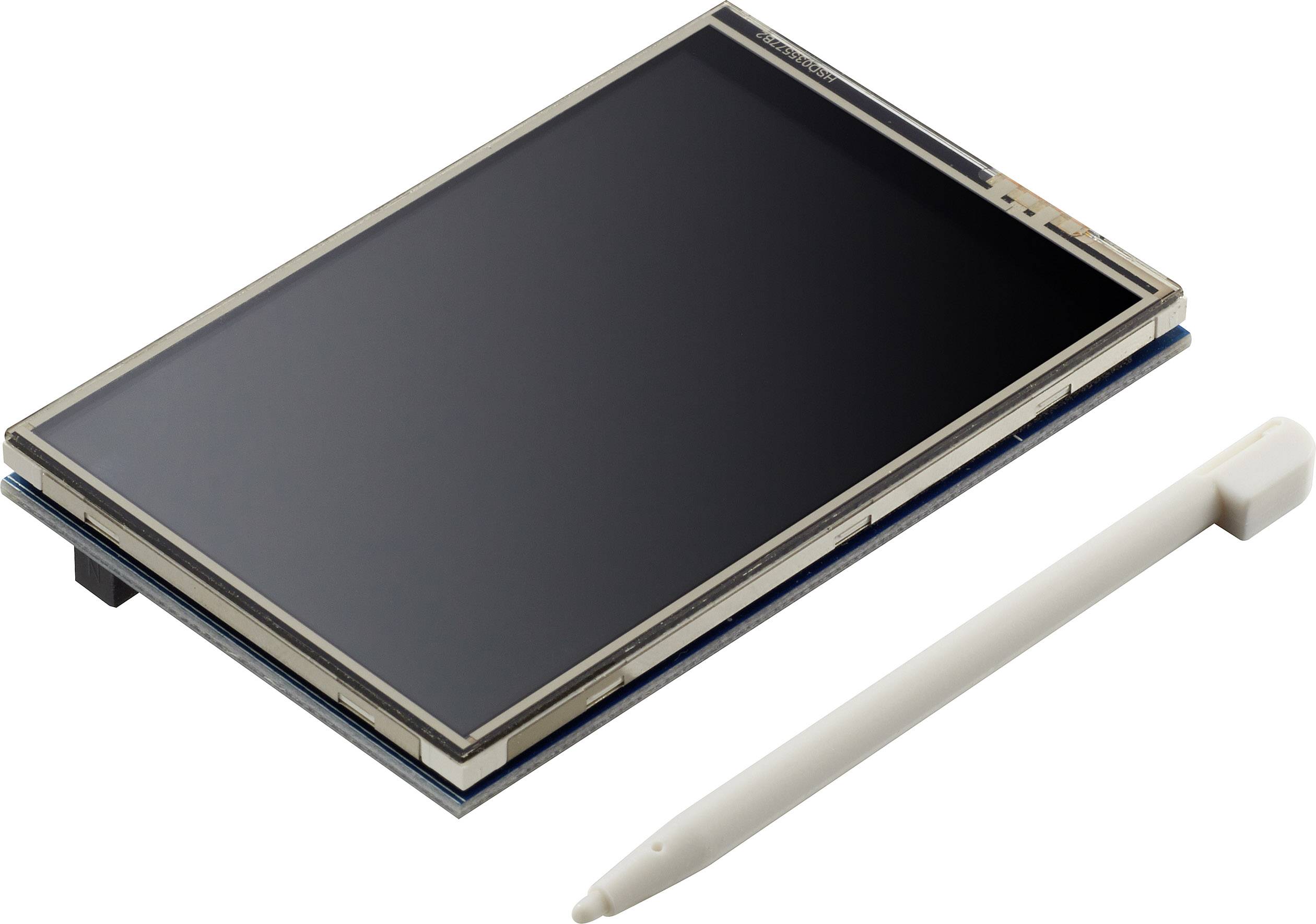 Ein rechteckiger Touchscreen mit einem beigelegten weißen Stylus. Der Bildschirm ist schwarz und unausgeschaltet.