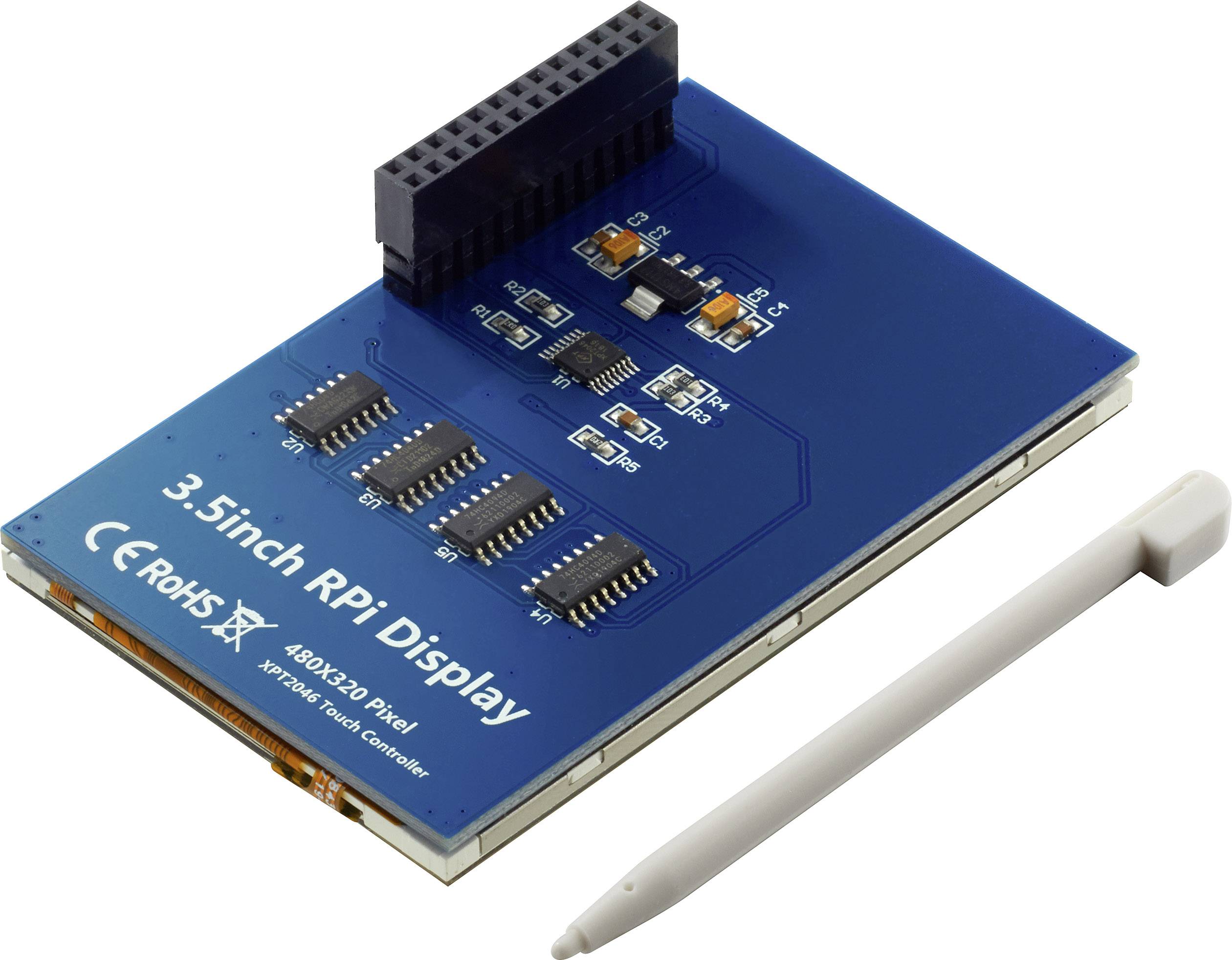 Ein 3,5-Zoll-Display für einen Raspberry Pi mit touchfähiger Oberfläche, Elektronikanschlüssen und einem weißen Stylus daneben.