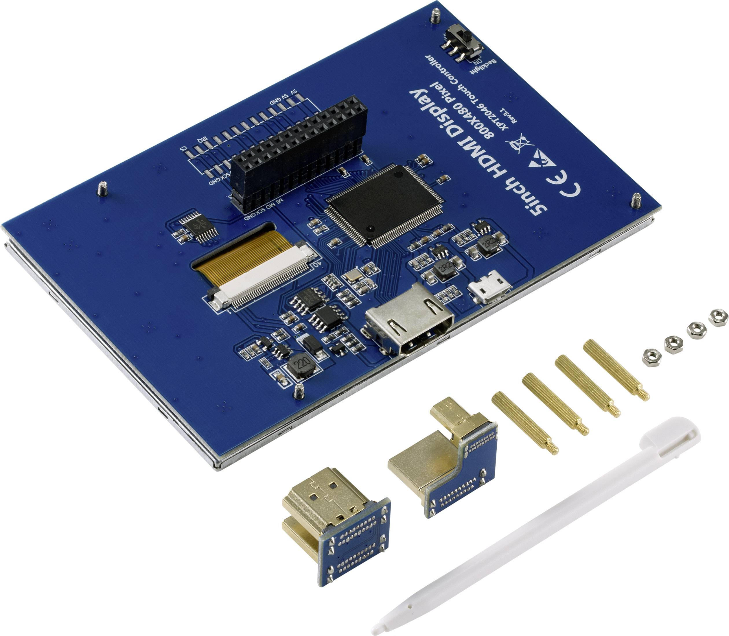 Ein blaues Electronic Display Kit mit Kabeln, Steckverbindern und Schrauben zur Montage. Enthält einen HDMI-Display-Adapter.