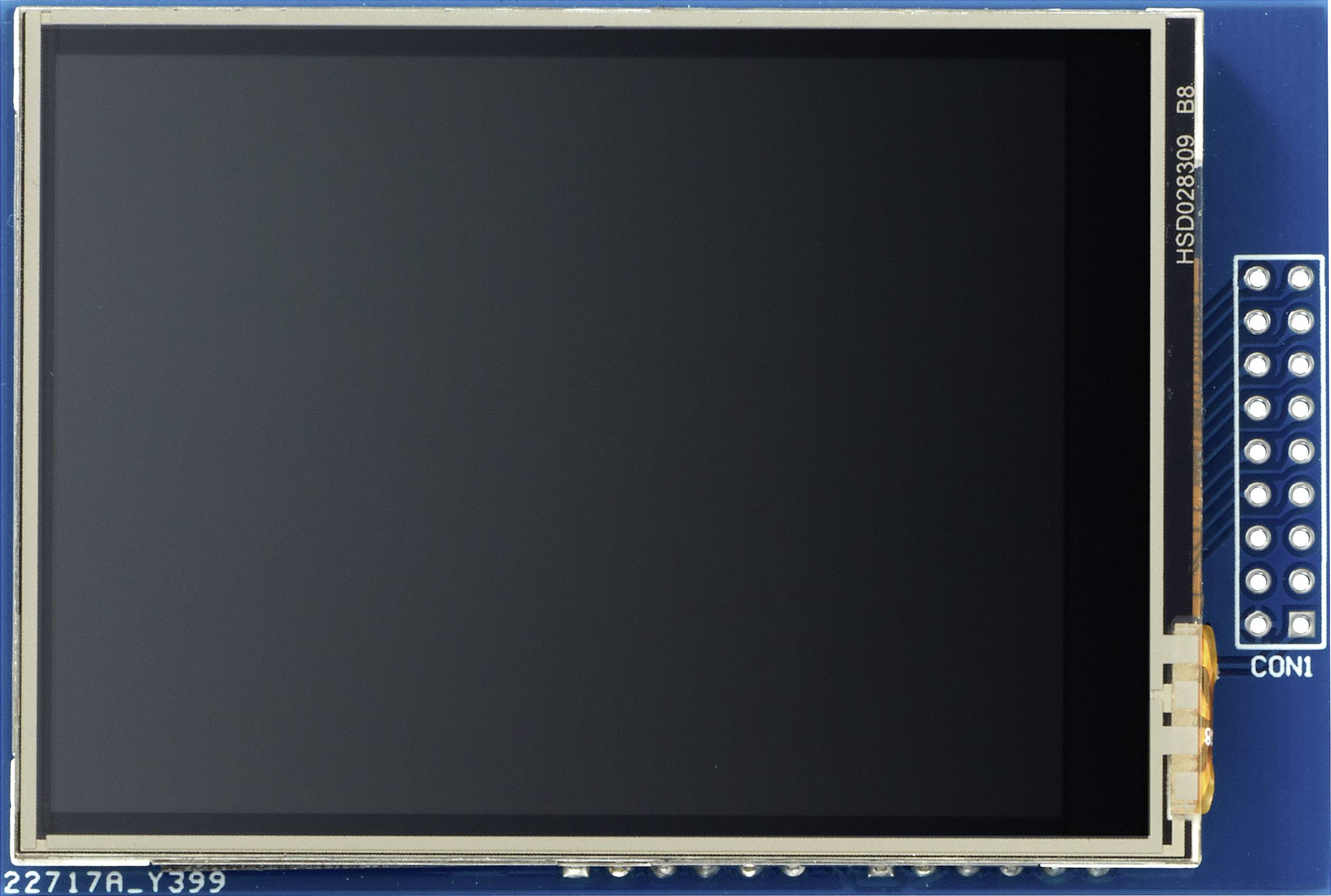 Ein rechteckiges, unbeleuchtetes LCD-Display-Modul mit blauer Leiterplatte und seitlichem Anschlussbereich rechts.