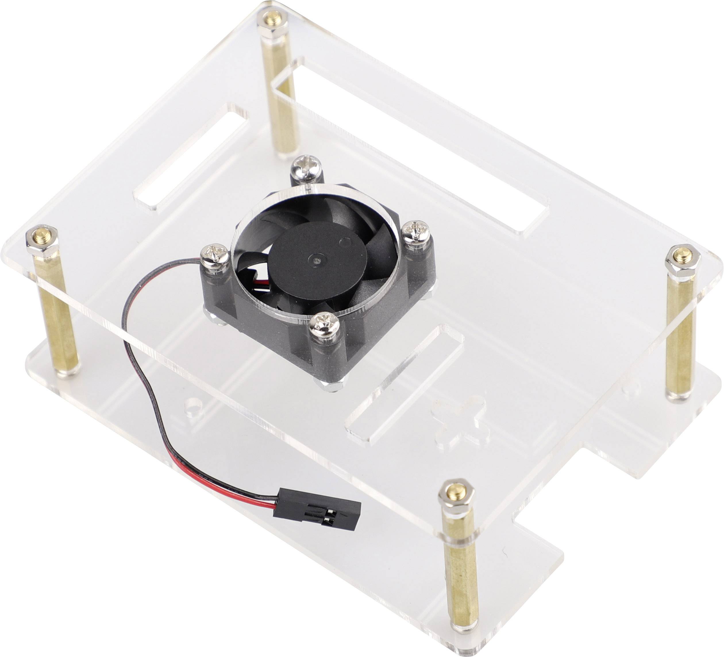 Schutzgehäuse aus transparentem Material mit montiertem kleinen Ventilator und Kabel.