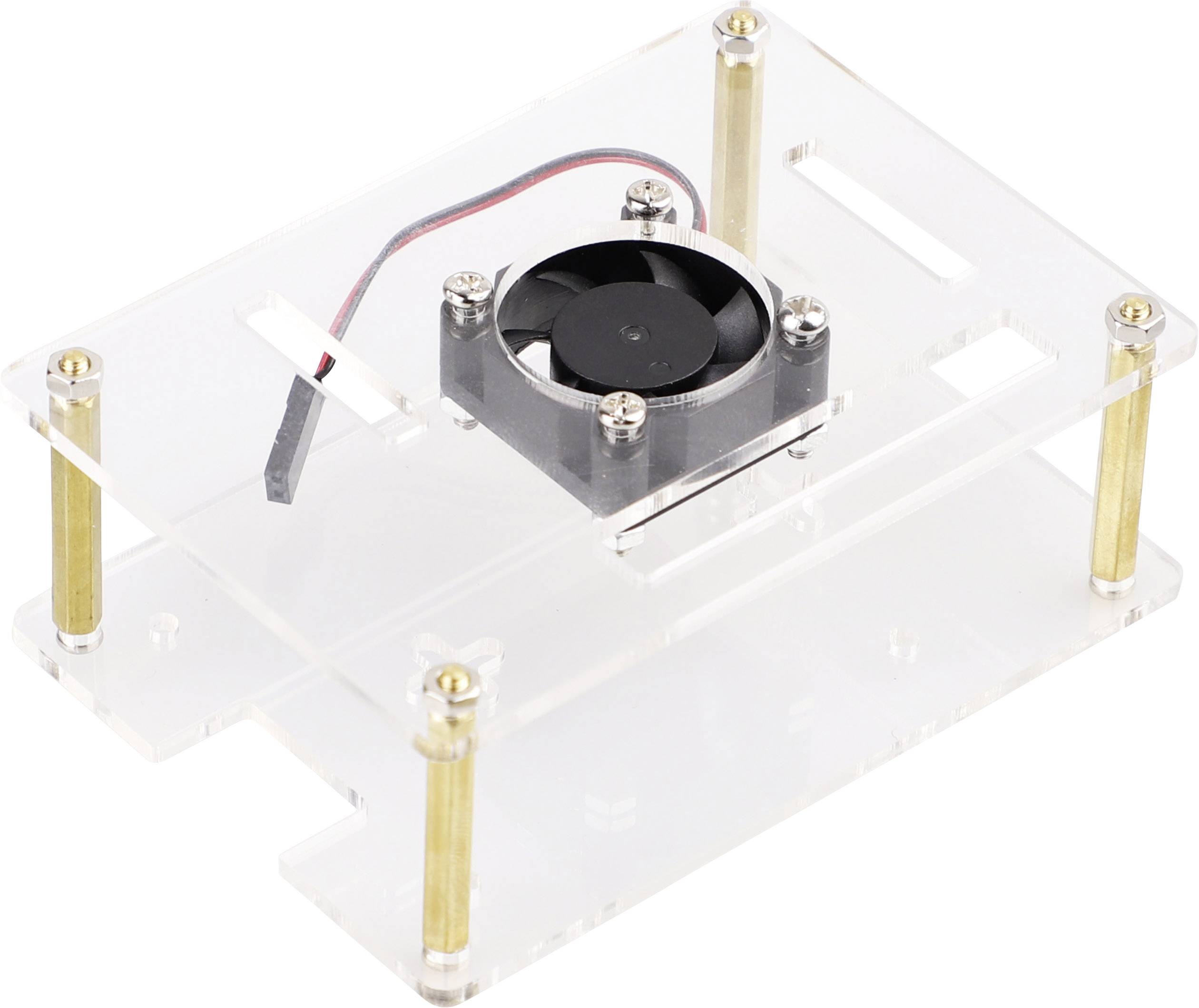 Ein transparenter Gehäusedeckel aus Acryl mit einem montierten Lüfter in der Mitte. Geeignet für Raspberry Pi Projekte.