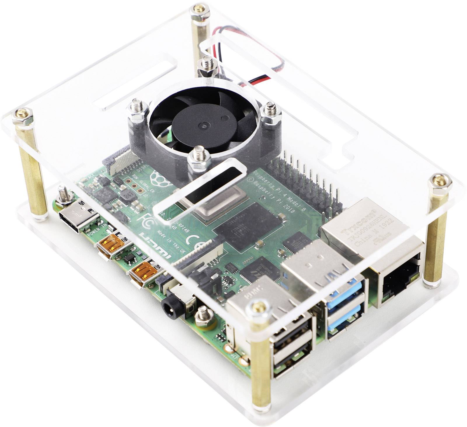 Ein offenes Gehäuse enthält einen Mikrocomputer, erkennbar an USB-Anschlüssen und einem Lüfter. Der Computer hat viele Anschlüsse.