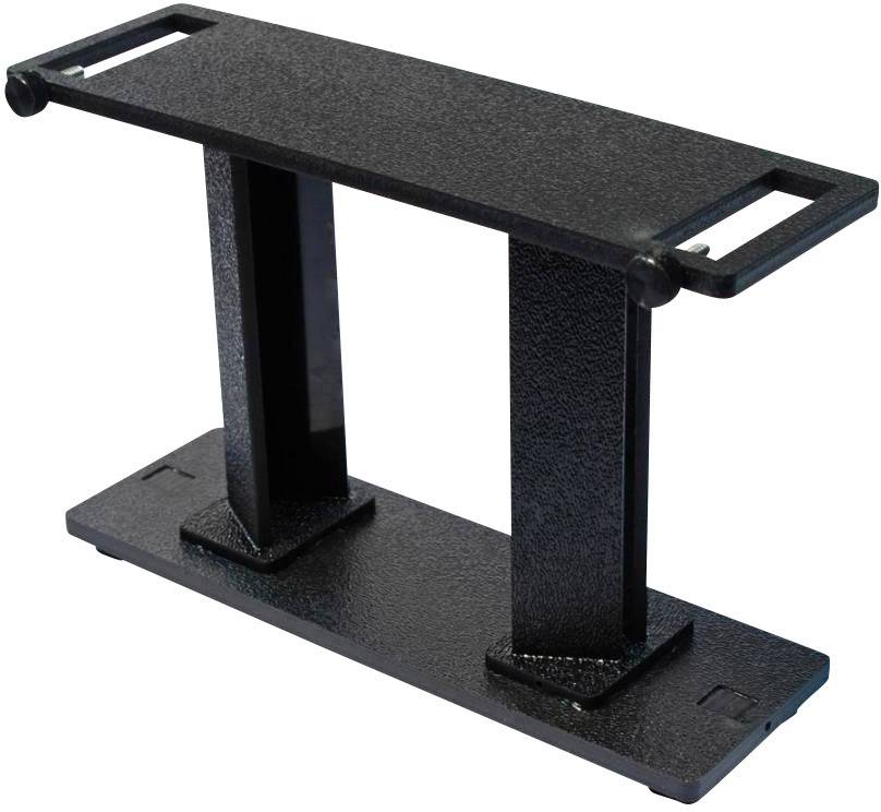Schwarzer Metall-Lautsprecherständer mit rechteckiger Basis, zwei säulenartigen Stützen und einer flachen, rechteckigen Plattform.
