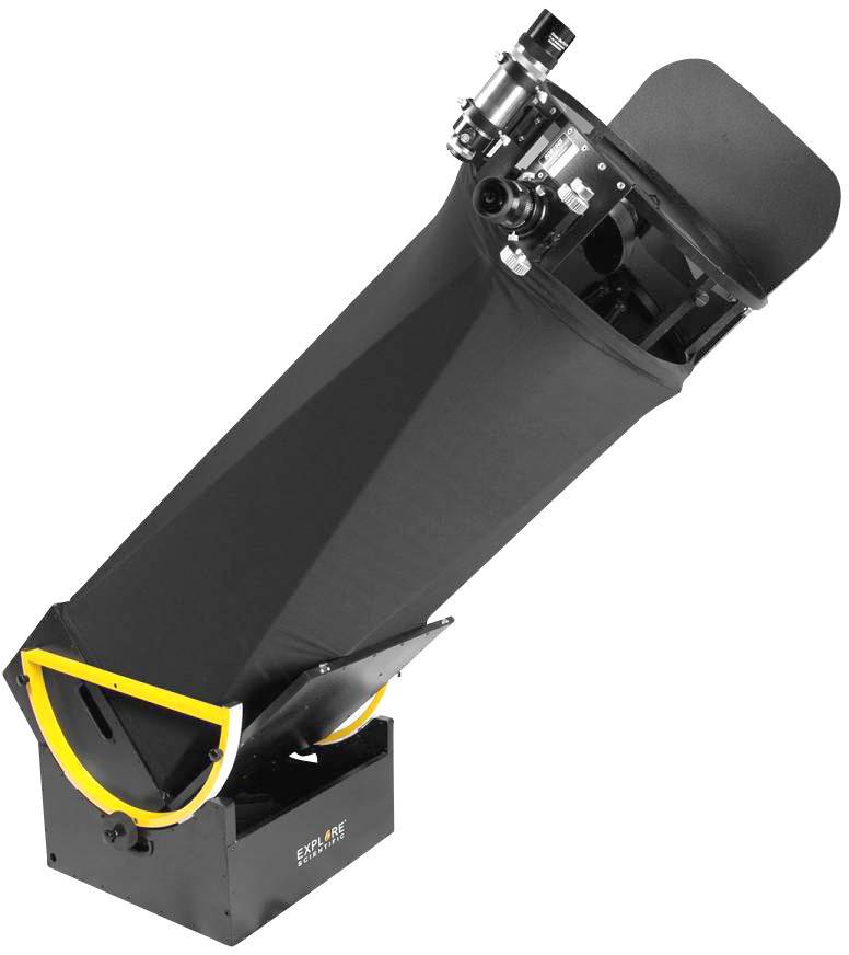 Teleskop mit schwarzem Tubus und gelbem Ständer, geneigt für astronomische Beobachtungen.