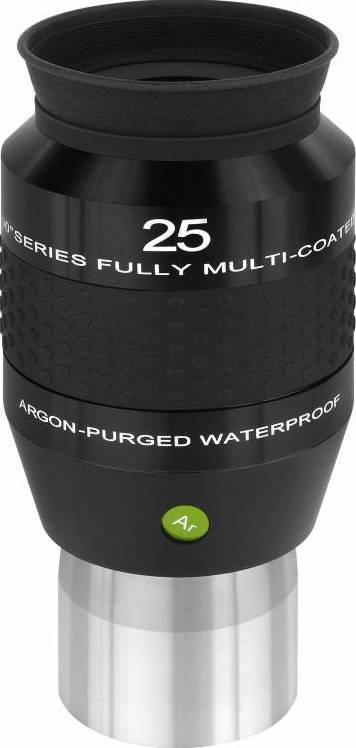 Ein schwarzes Teleskop-Okular mit der Aufschrift '25mm Fully Multi-Coated' und 'Argon-Purged Waterproof', grünem Knopf unten.