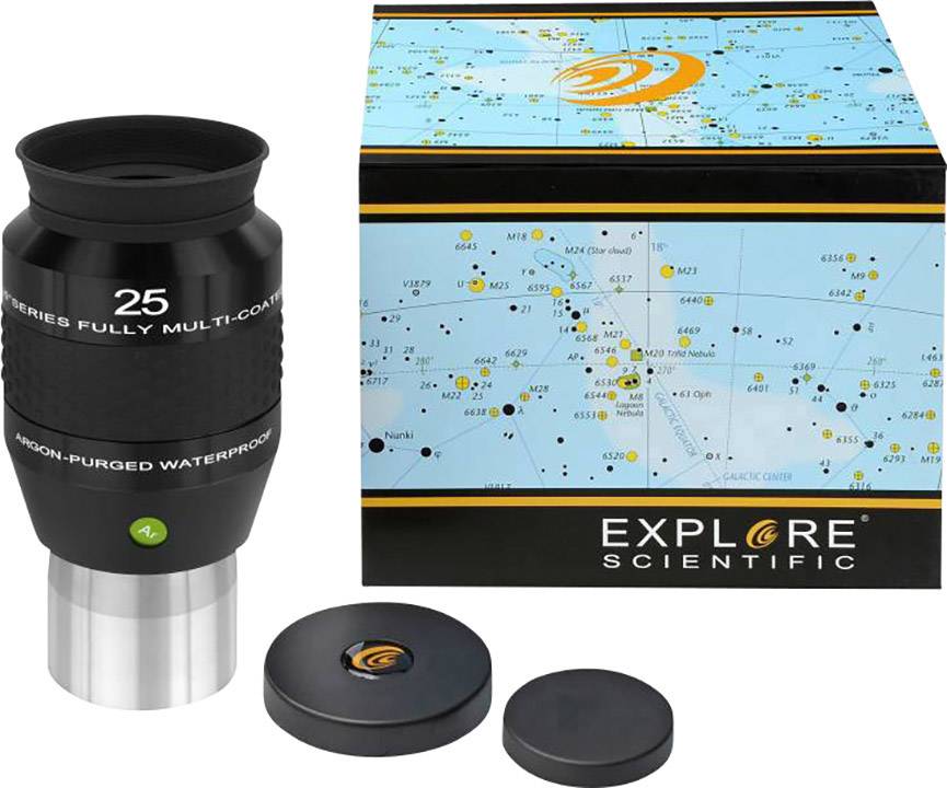Eine Astronomie-Okularverpackung von Explore Scientific mit Karte der Sternbilder. Enthält ein Okular und zwei Abdeckungen.