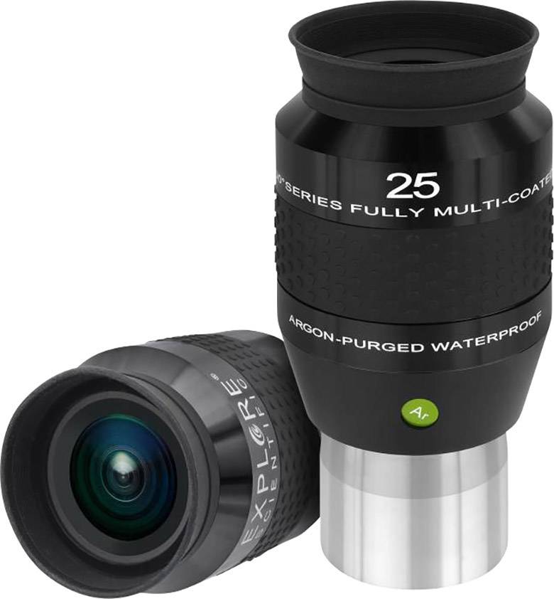 Zwei schwarze Okularlinsen mit der Aufschrift '25', eines stehend und eines liegend, geeignet für Teleskope; einsatzbereit für Astronomie.