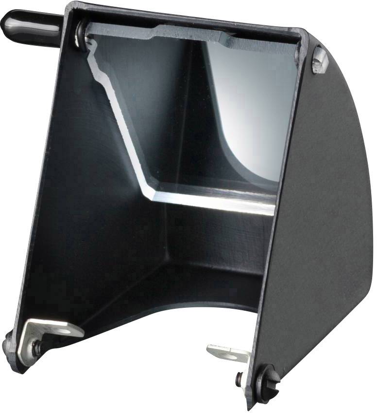 Schwarzer Plastikkegel mit silberner Innenseite und montierbaren Klemmen, eventuell für Lichtsteuerungszwecke oder Schutzabdeckung.