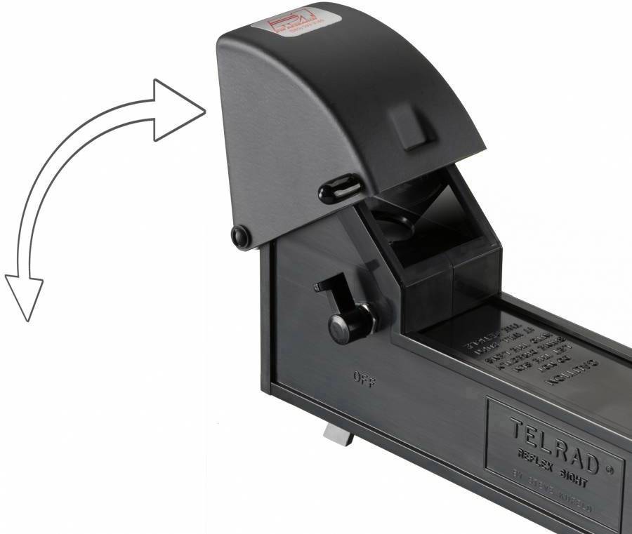 Ein schwarzer Telrad-Sucher mit gekippbarer Abdeckung. Links zeigt ein Pfeil den Kippmechanismus. Geeignet für astronomische Anwendungen.