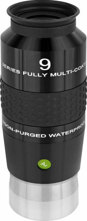 Ein schwarzes Teleskopokular mit Aufschriften '9 Series Fully Multi-Coated' und 'Nitrogen-Purged Waterproof'.