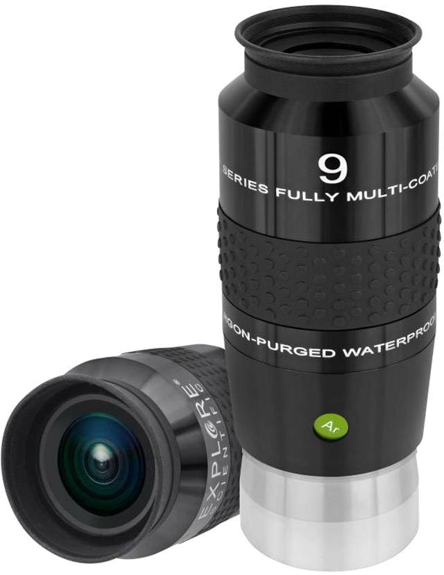 Zwei schwarze Okulare für ein Teleskop, eines stehend, das andere liegend. Beide haben Beschriftungen und gummierte Griffe.