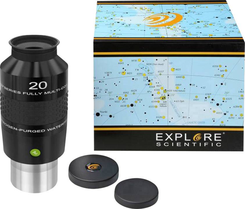 Okular '20mm' von Explore Scientific mit Verpackung und Zubehör. Auf der Verpackung ist eine Weltkarte abgebildet.