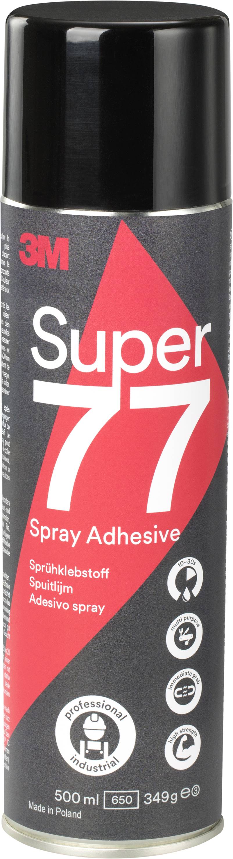 Dose mit schwarzem Deckel, etikettiert als '3M Super 77 Spray Adhesive'. Enthält 500 ml. Verwendet als Sprühklebstoff für verschiedene Materialien.