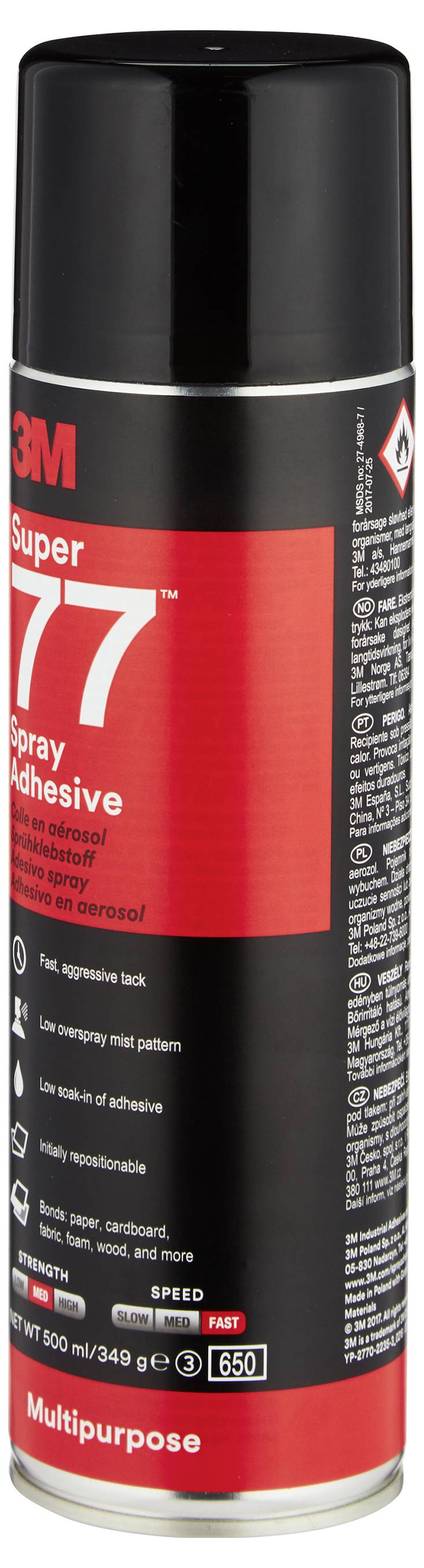 Eine 3M Super 77 Universalsprühkleber-Dose mit schwarzem Deckel und rotem Etikett, auf dem der Produktname und die Behälterdetails zu sehen sind.