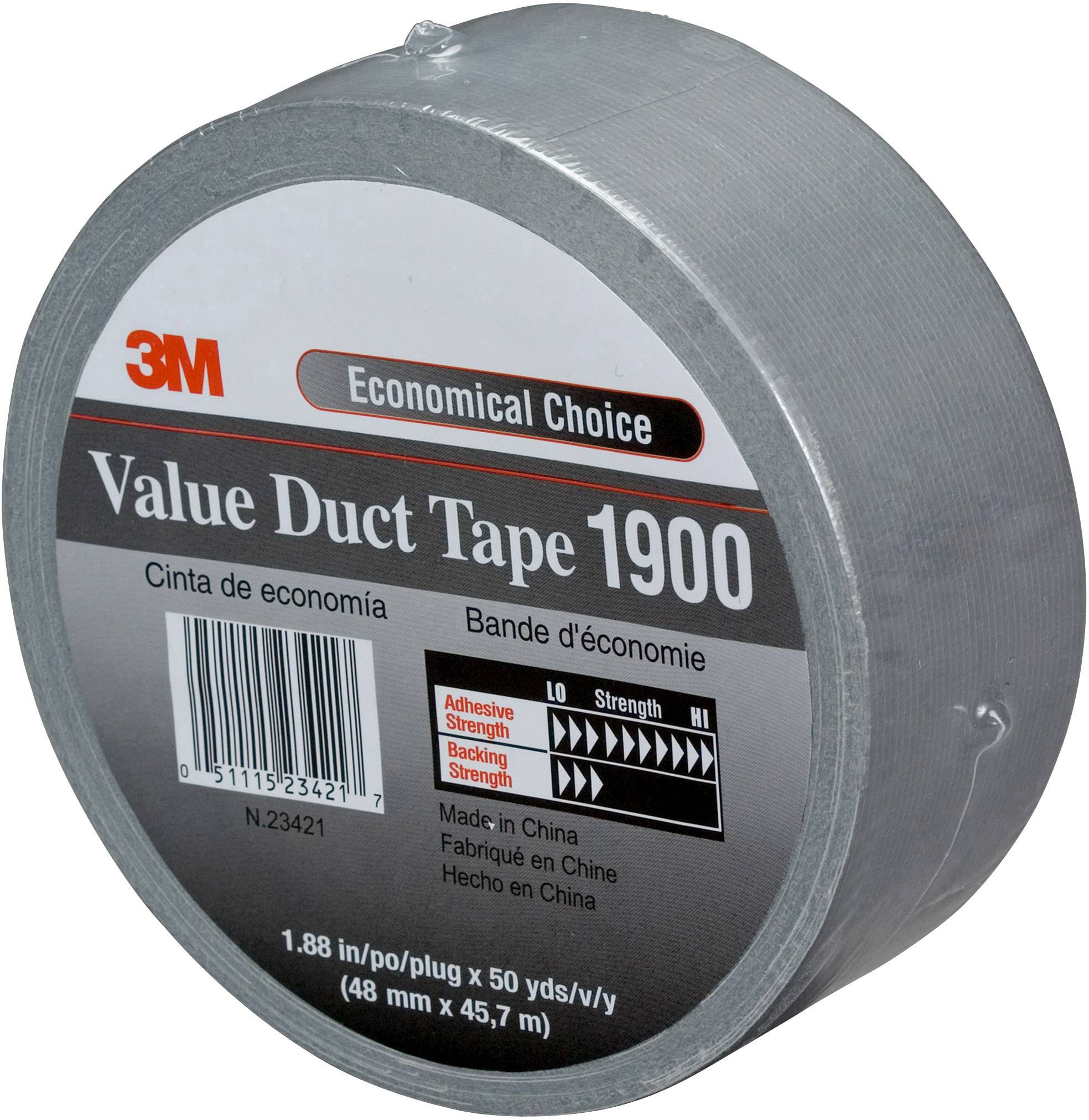 Eine Rolle silbernes Klebeband der Marke 3M 'Value Duct Tape 1900'. Text auf der Verpackung: 'Economical Choice' und Details zur Größe.