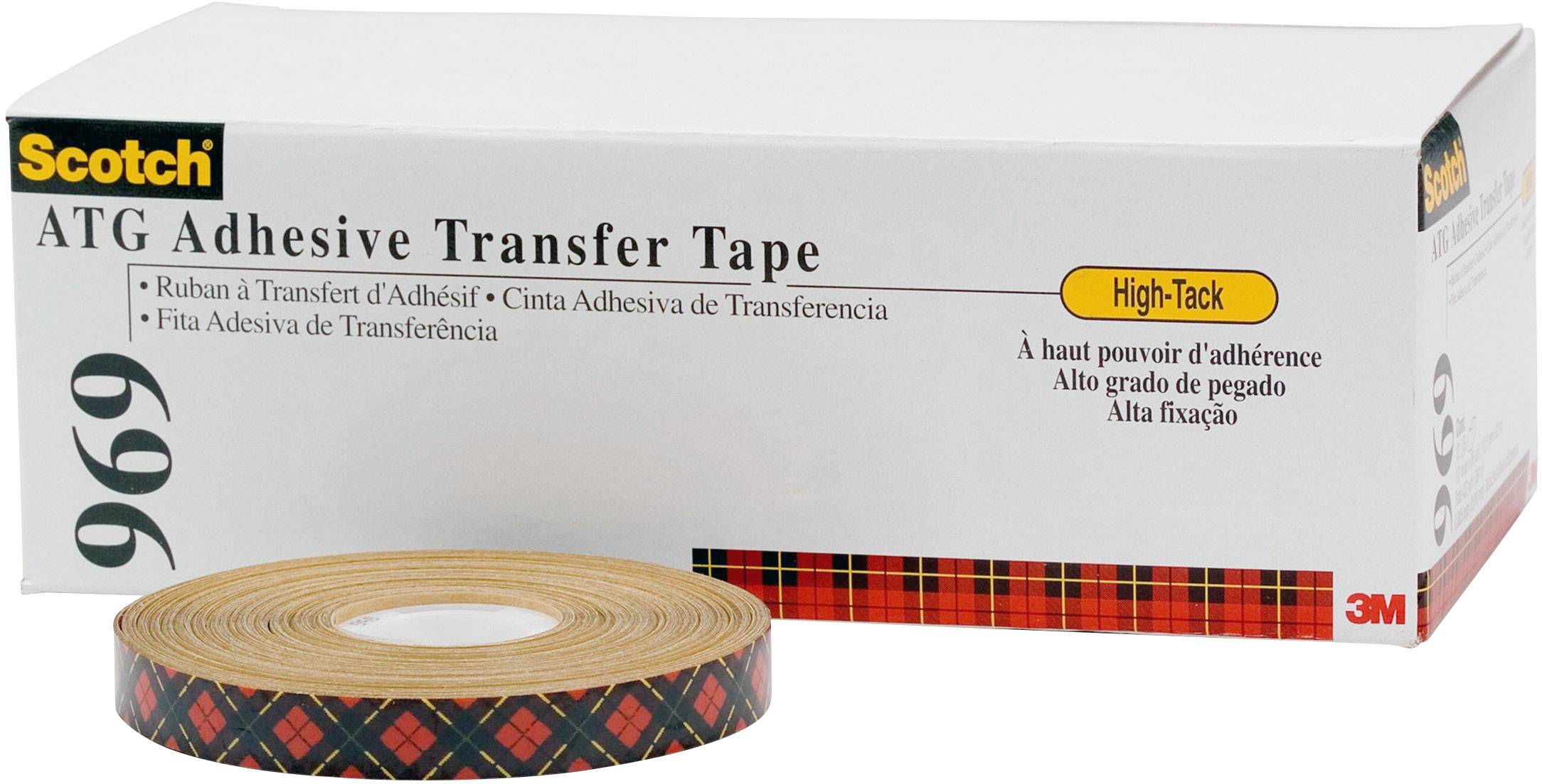 Eine Rolle Transferklebeband der Marke Scotch und deren Verpackung. Der Text auf der Verpackung beschreibt es als 'Adhesive Transfer Tape, High-Tack'.