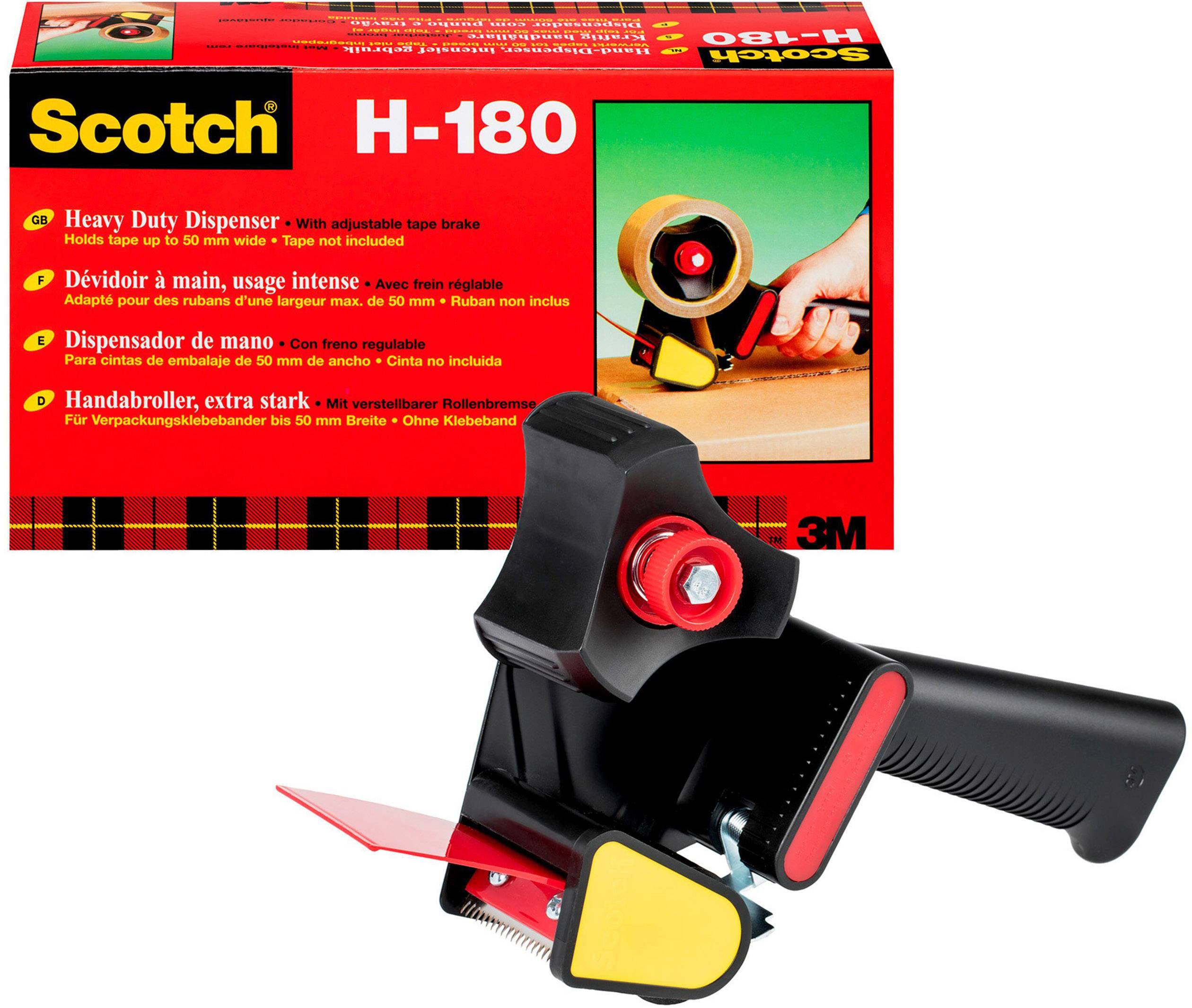 'Scotch H-180' Klebebandabroller vor Verpackung. Roter und schwarzer Dispenser mit Griff, geeignet für kräftige Klebebandanwendung.