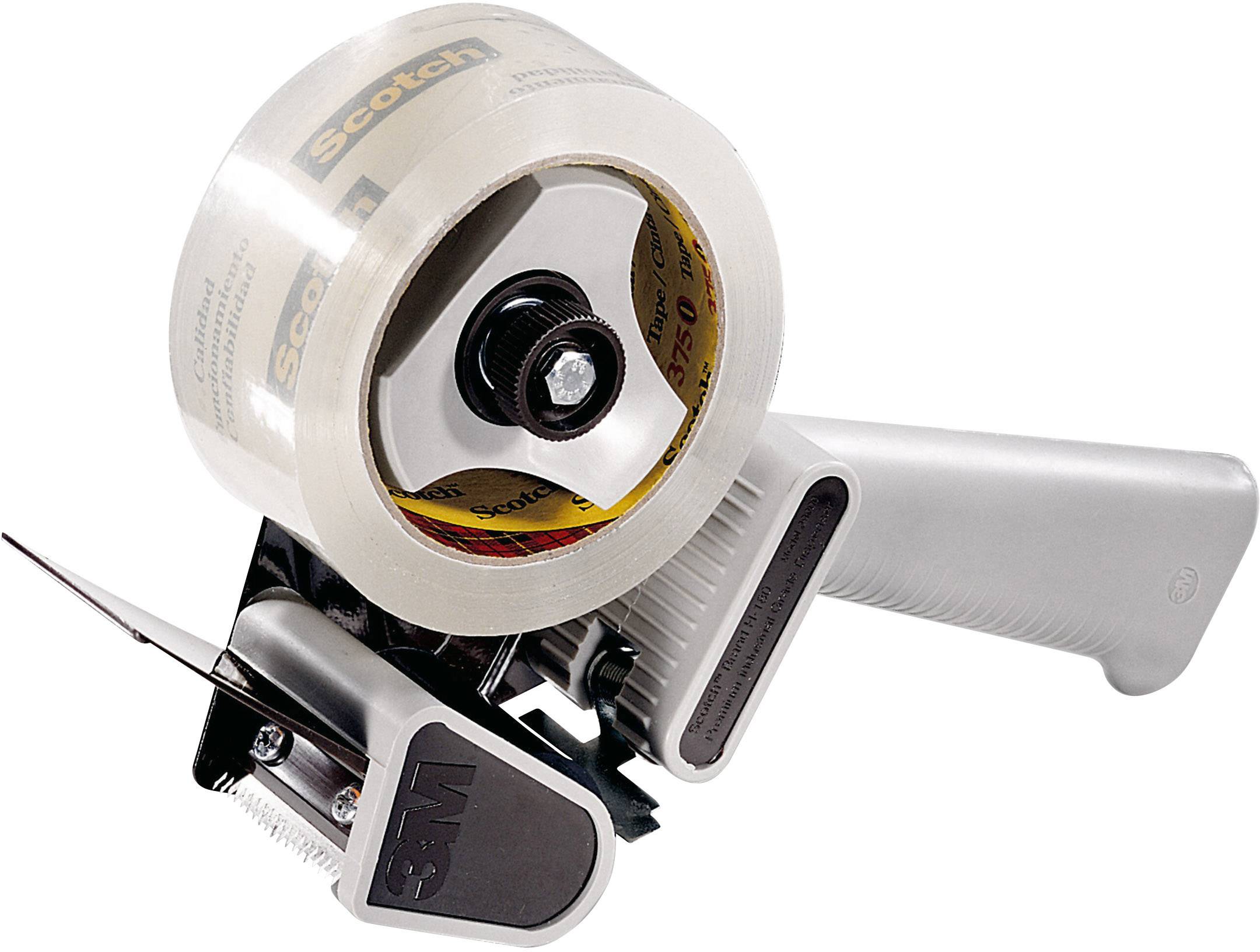 Hand-Abrollgerät mit transparenter Klebebandrolle, geeignet zum Verpacken von Kartons.