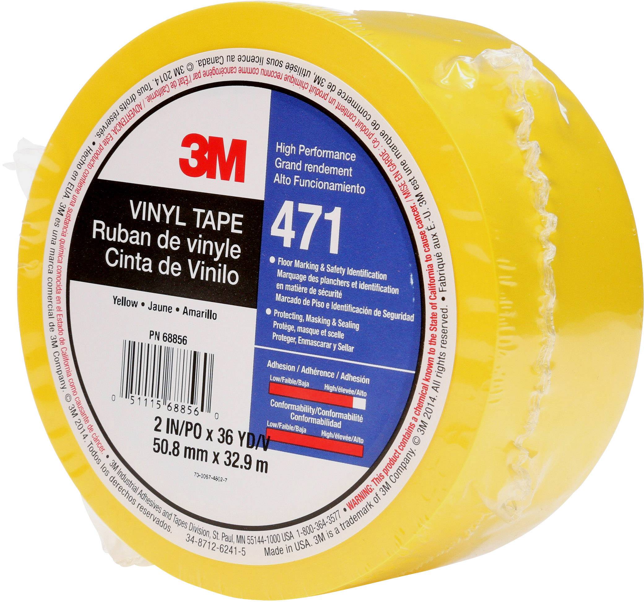 Gelbes Vinylband von 3M, Modellnummer 471, ideal für Bodenmarkierungen und Sicherheitskennzeichnungen. Maße: 50,8 mm x 32,9 m.