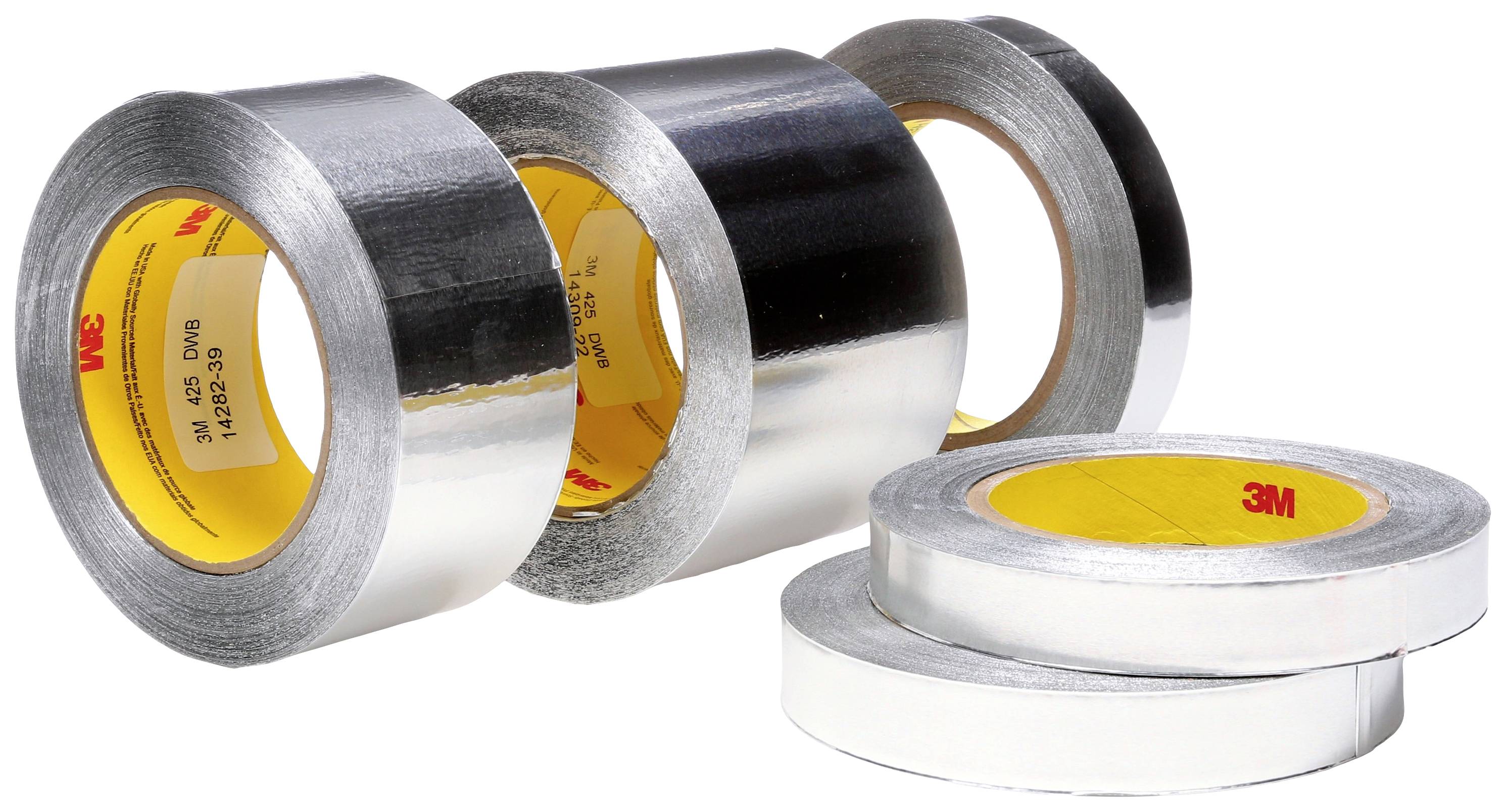 Fünf Rollen silbriges Klebeband mit gelbem Inneren, in verschiedenen Größen.