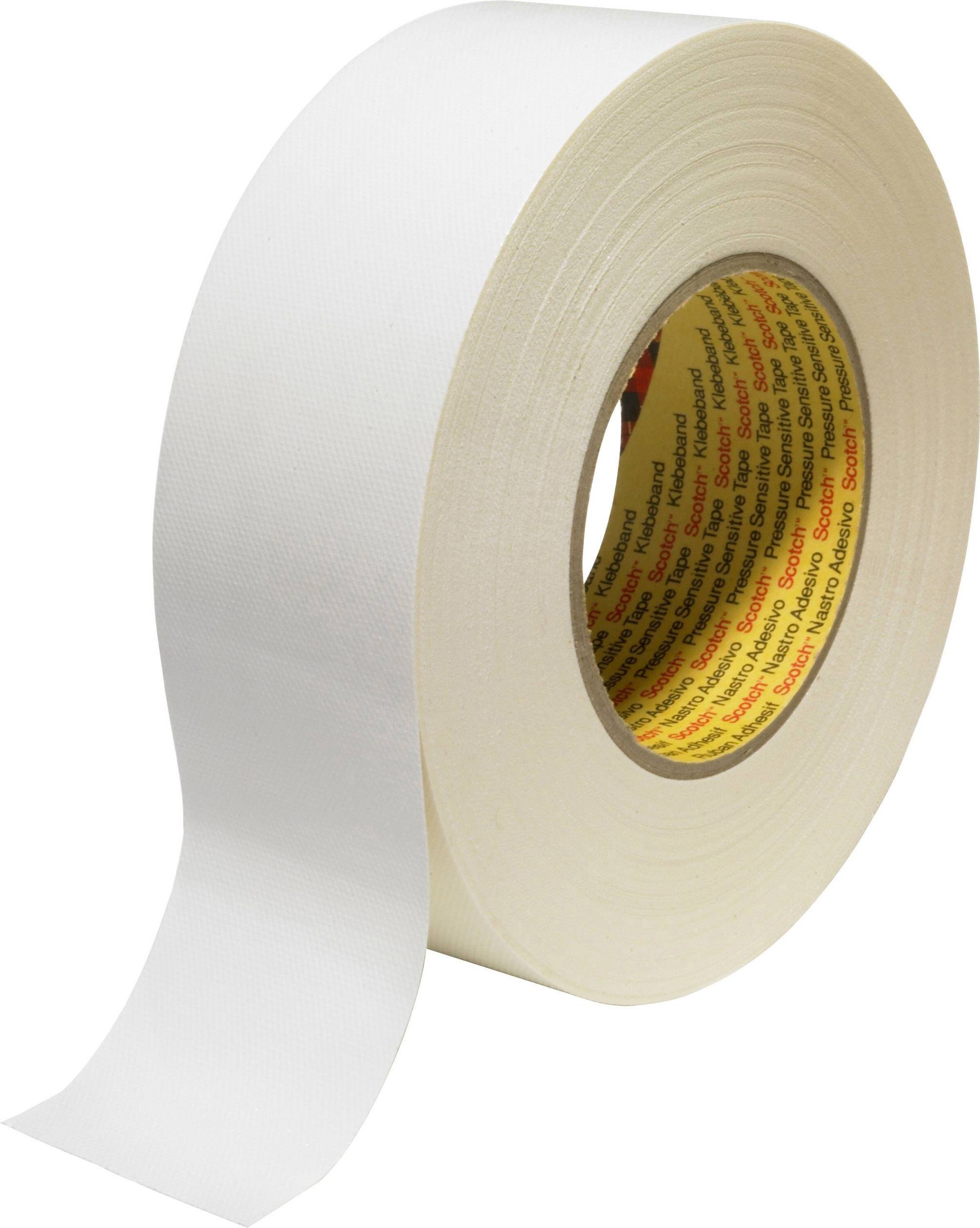 Weiße Rolle Klebeband mit teilweise abgerolltem Band, gelber Innenkern bedruckt mit roten und schwarzen Schriftzügen.